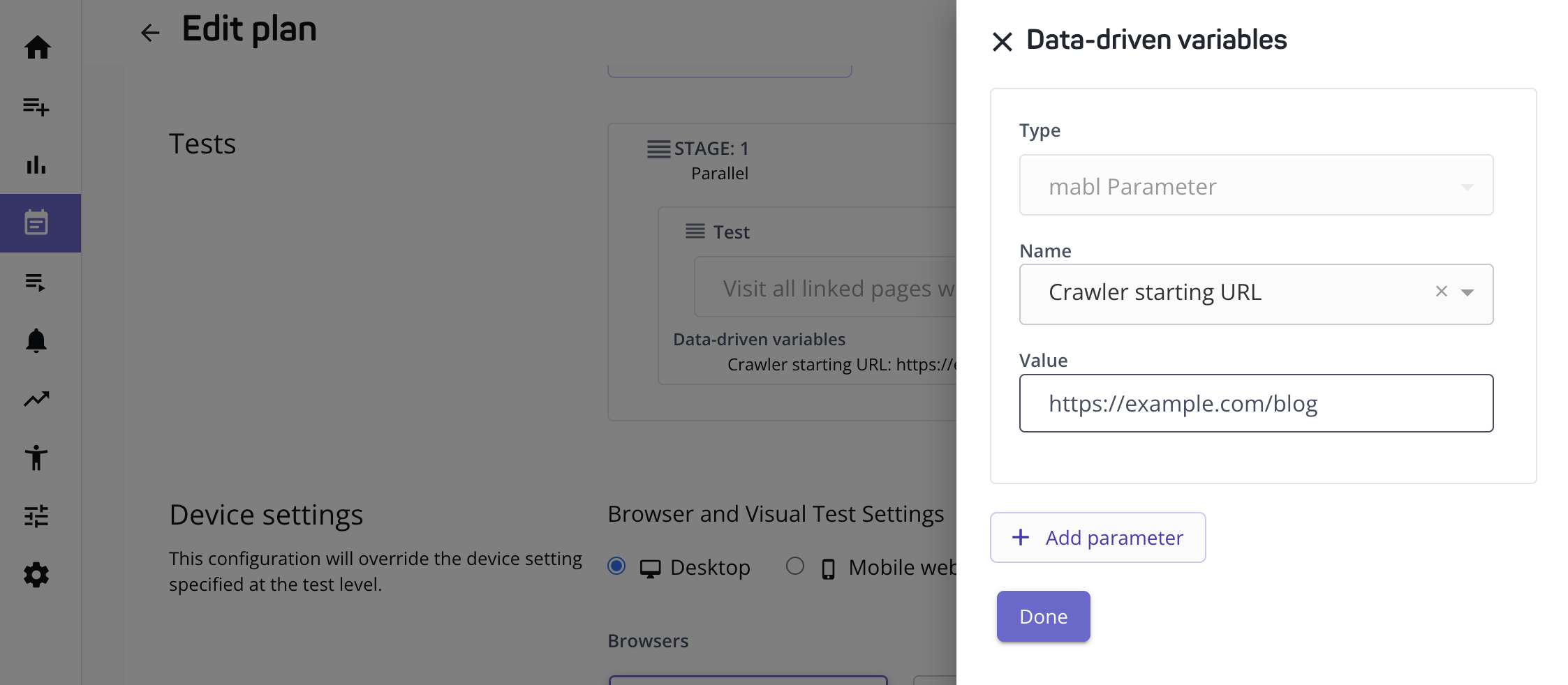 Updating the starting URL in plan settings