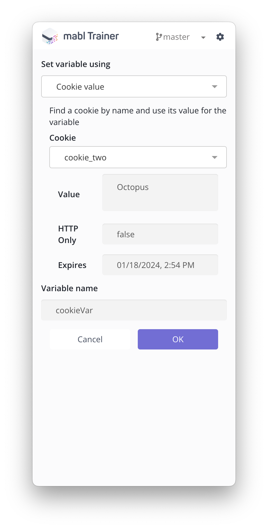 Cookie variable configuration menu