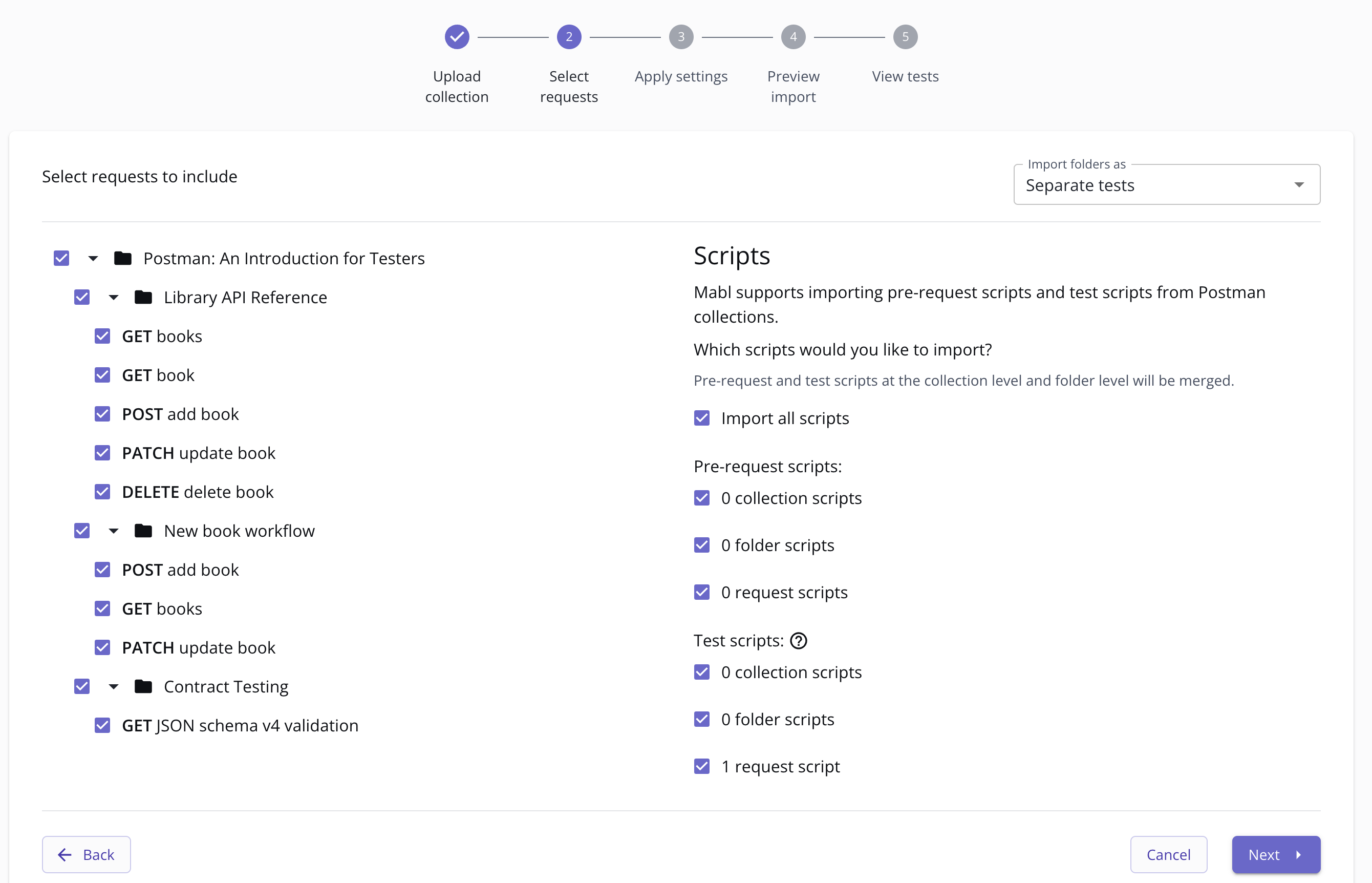Selecting scripts to import into mabl