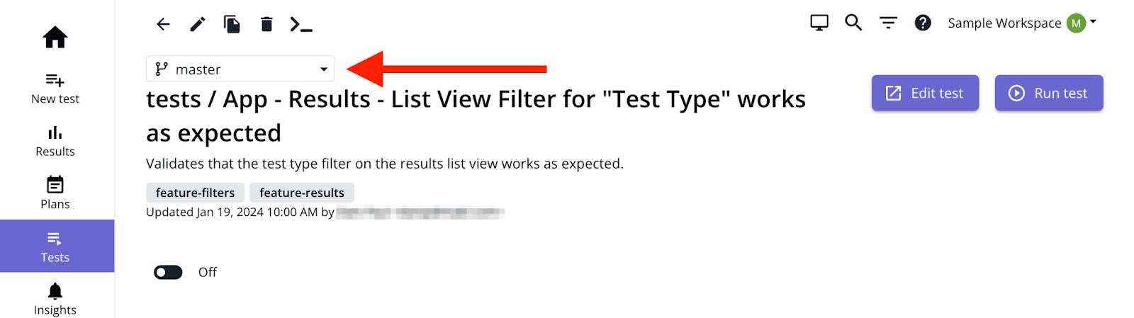 Arrow pointing to the branch selector on the test details page