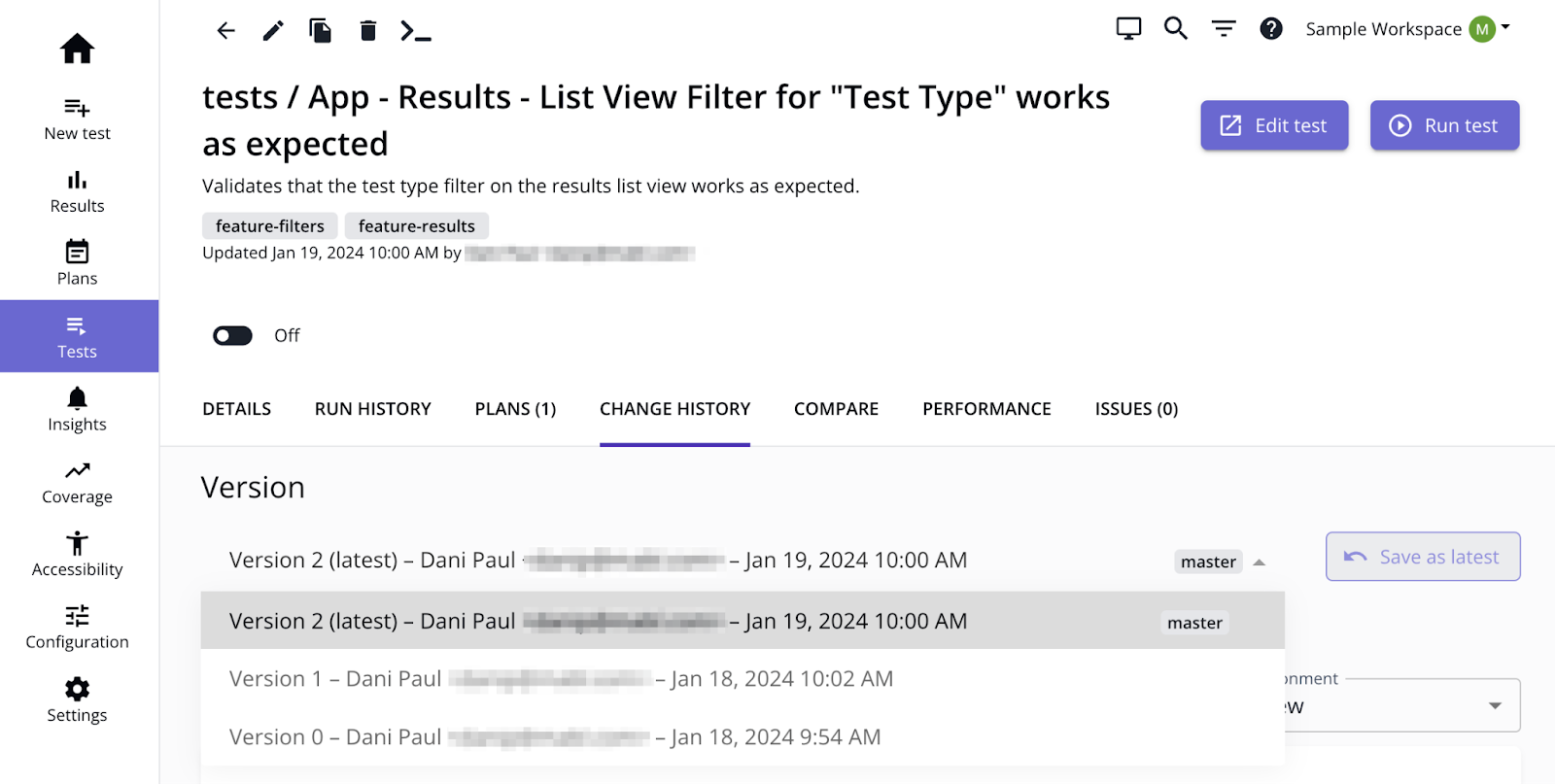 The version dropdown