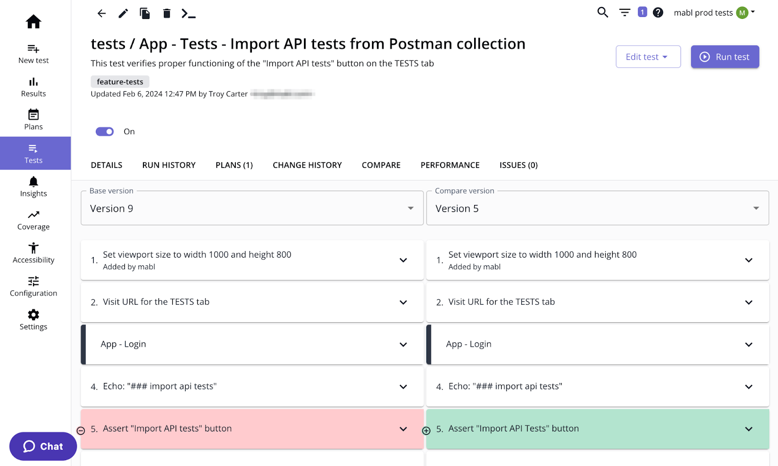 Comparing test versions