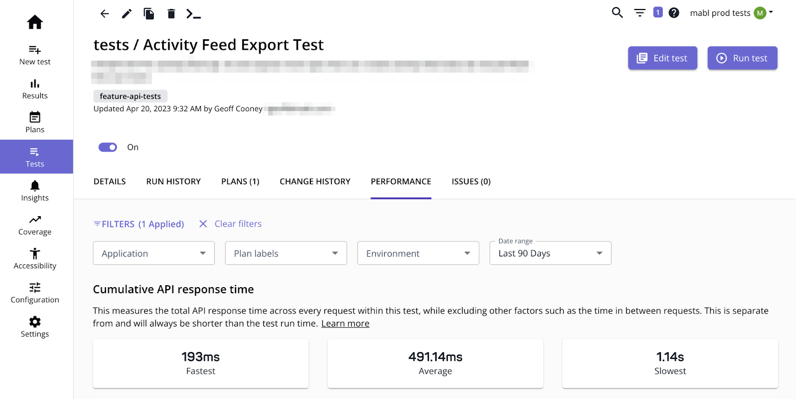 The performance view for an API test