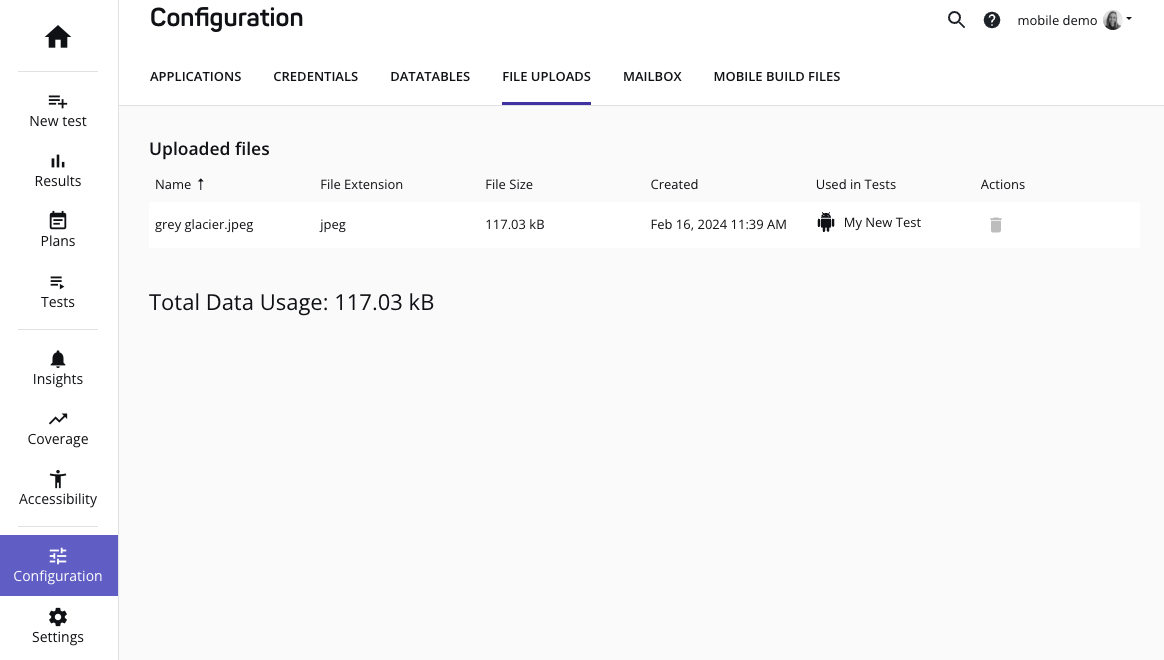 The file uploads page
