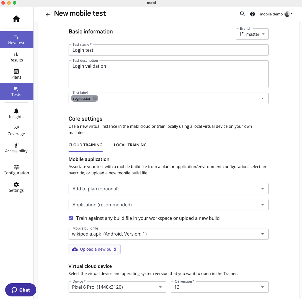 Mobile test creation form