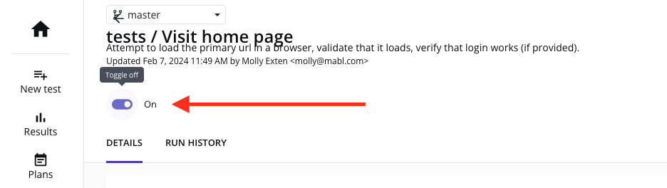 Arrow pointing to the test toggle
