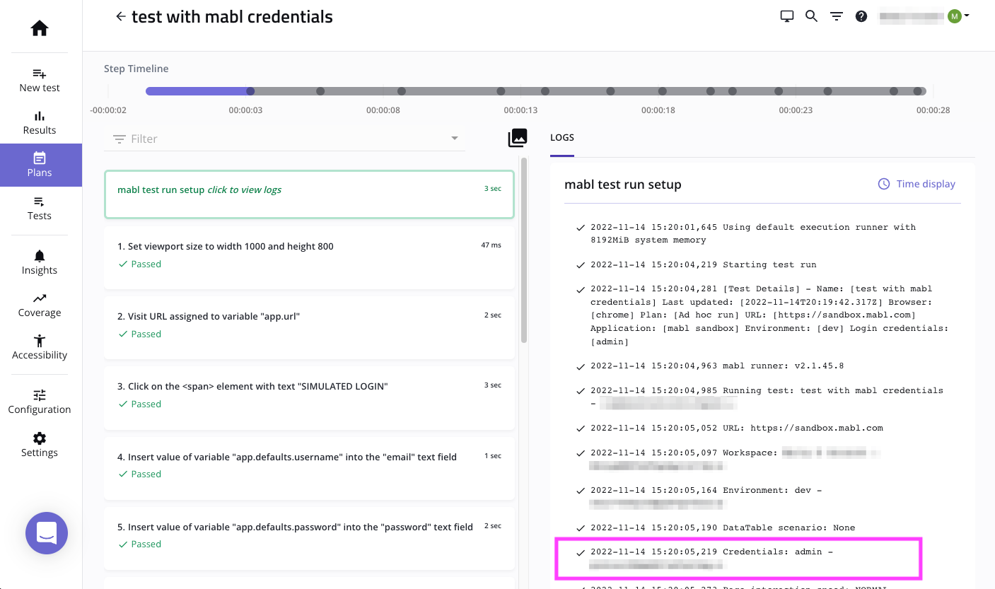 Checking credentials on the Test Output page