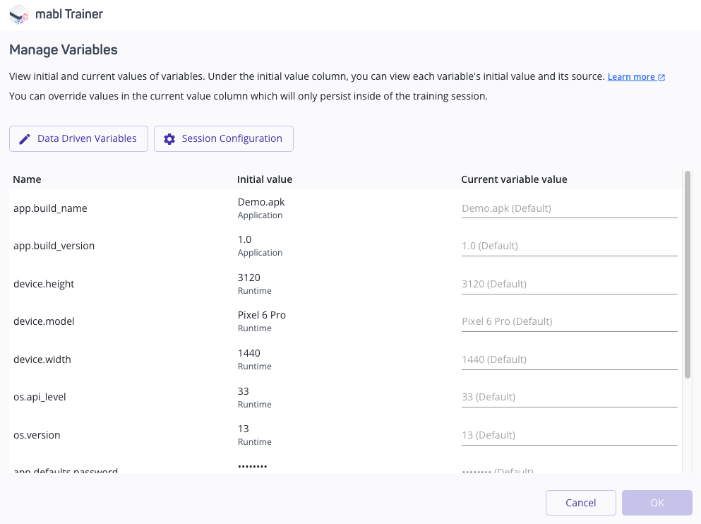 The variables modal for a mobile training session