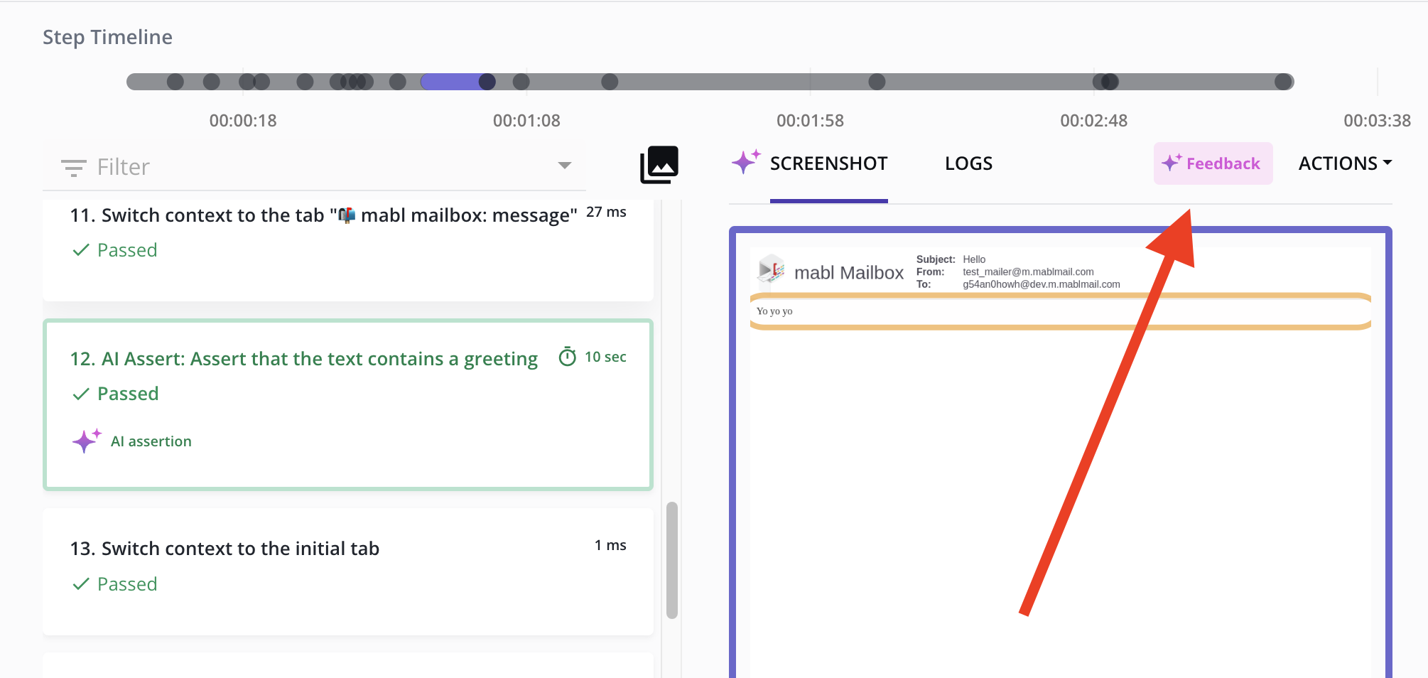 Arrow pointing to the feedback button for AI assertions