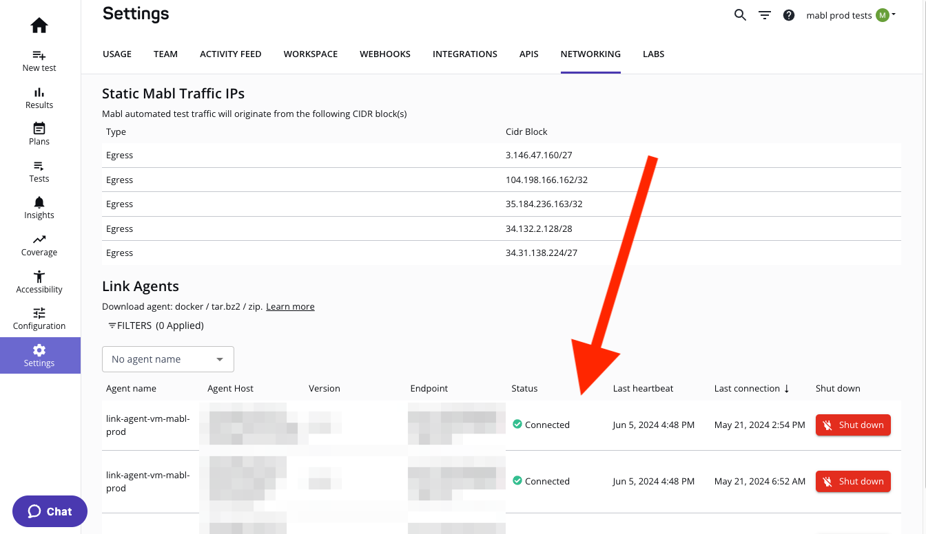 Arrow pointing to a connected status for a Link Agent
