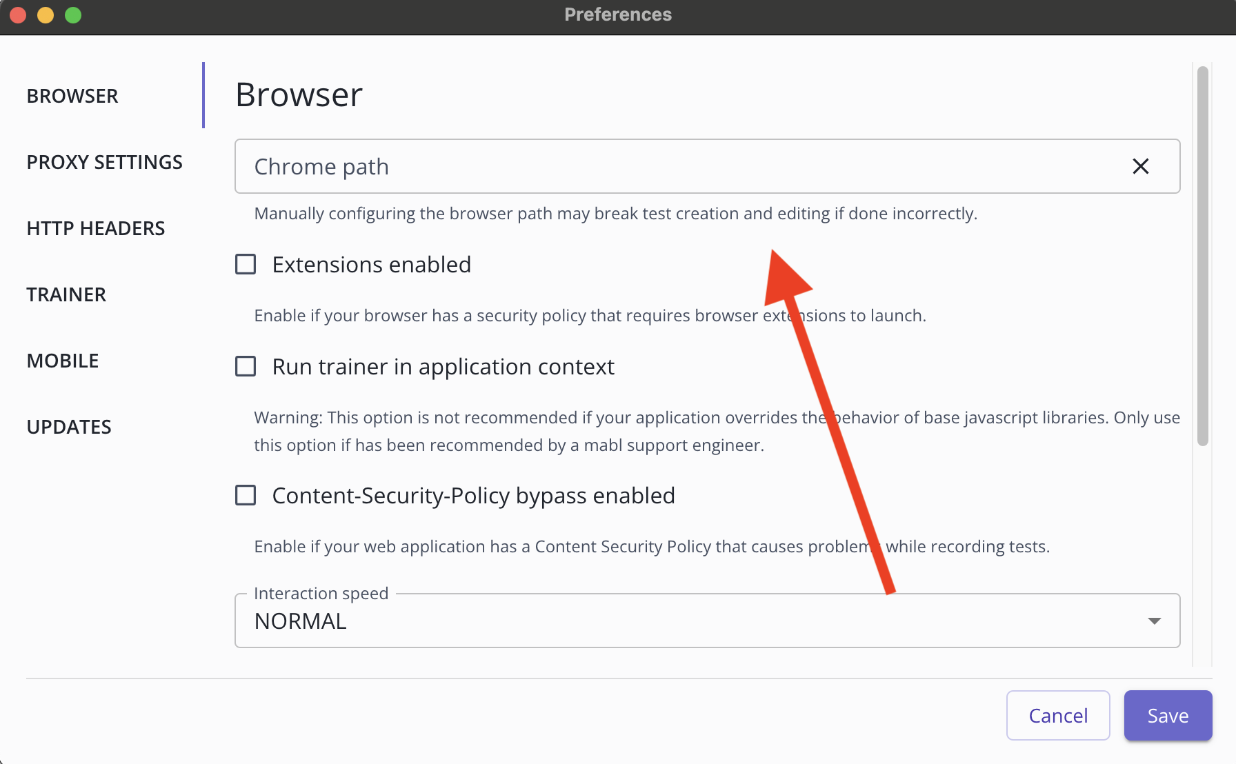 Arrow pointing to the location of the browser path setting in the Preferences menu