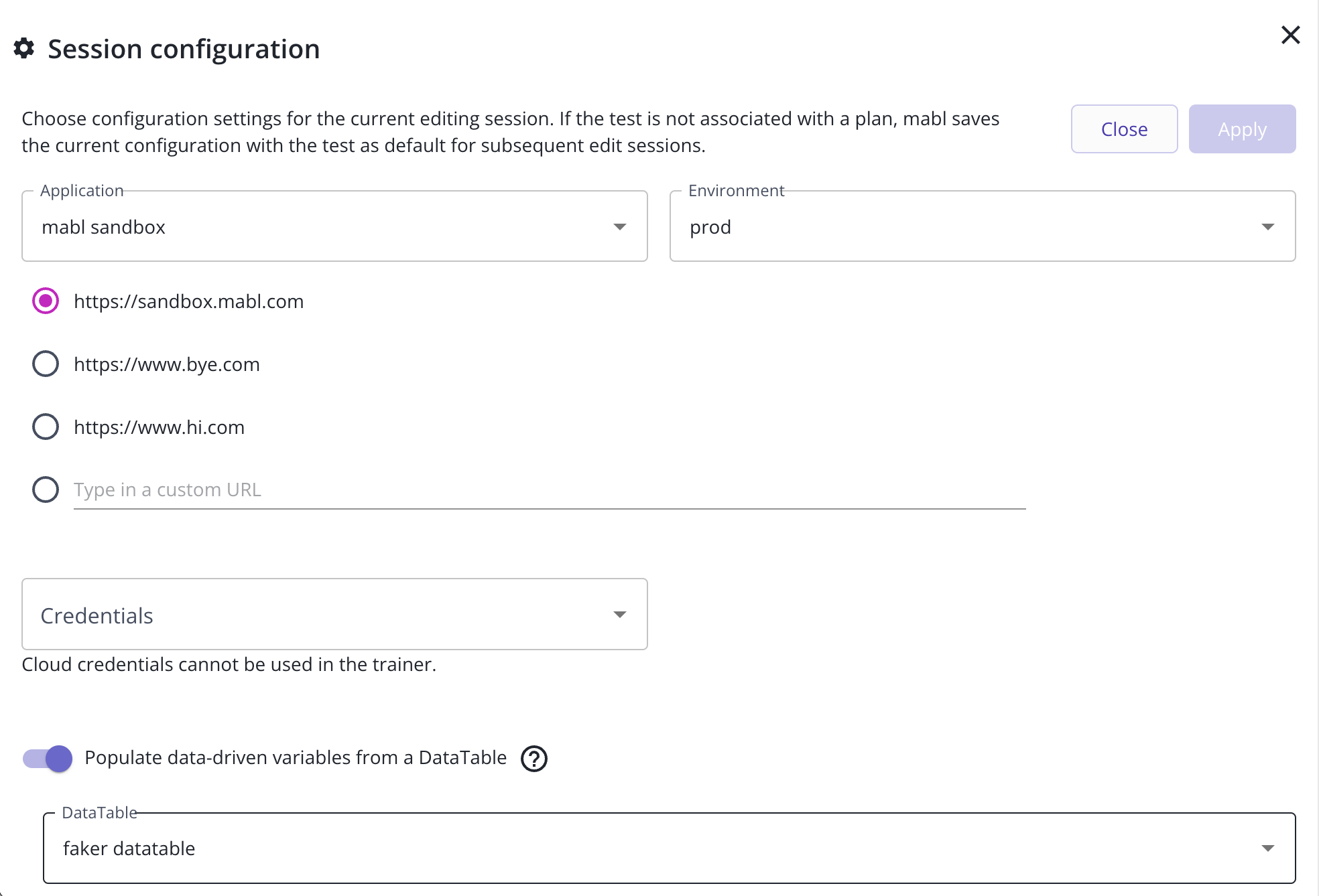 The session configuration modal