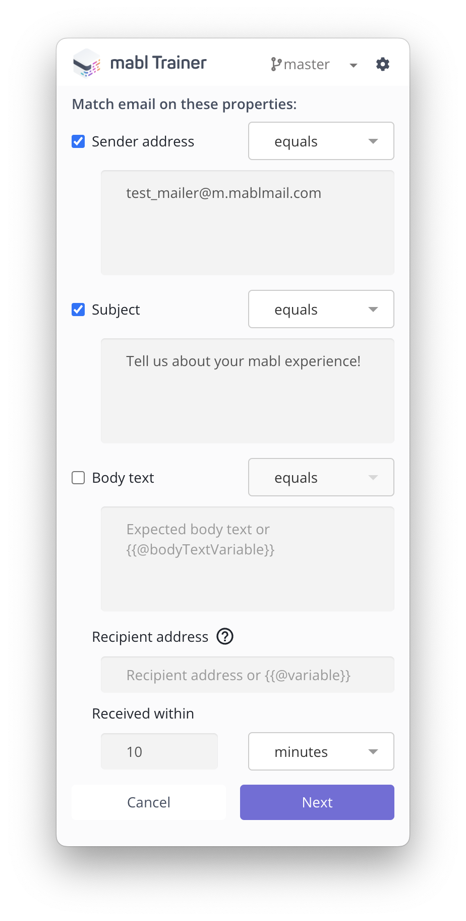 The configuration menu for email match criteria