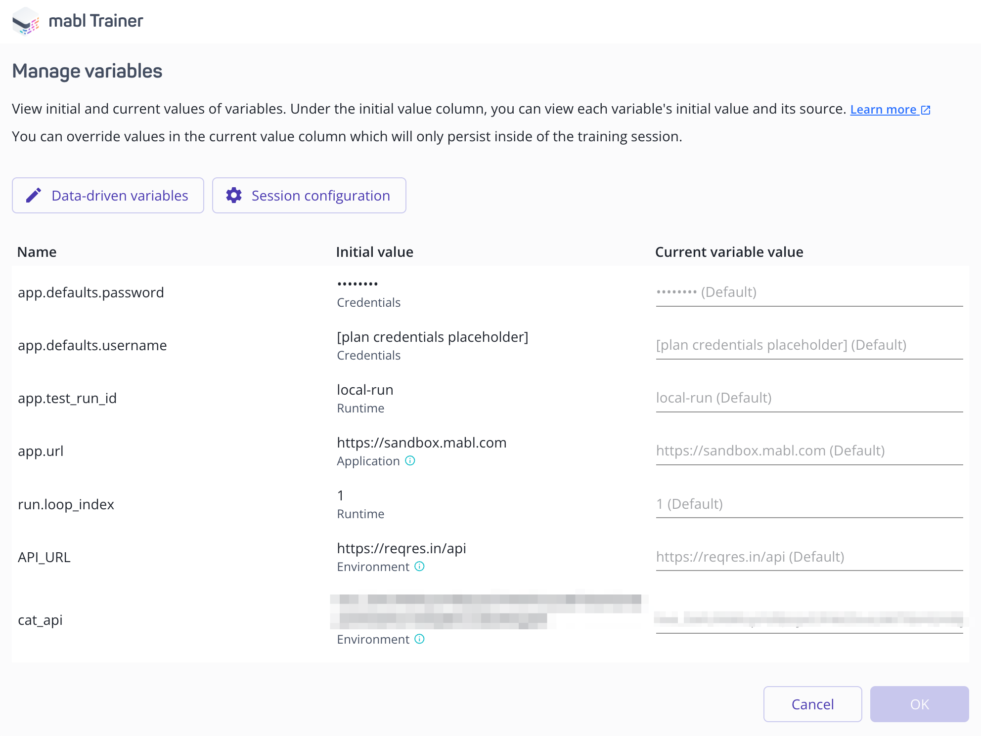 The variables modal