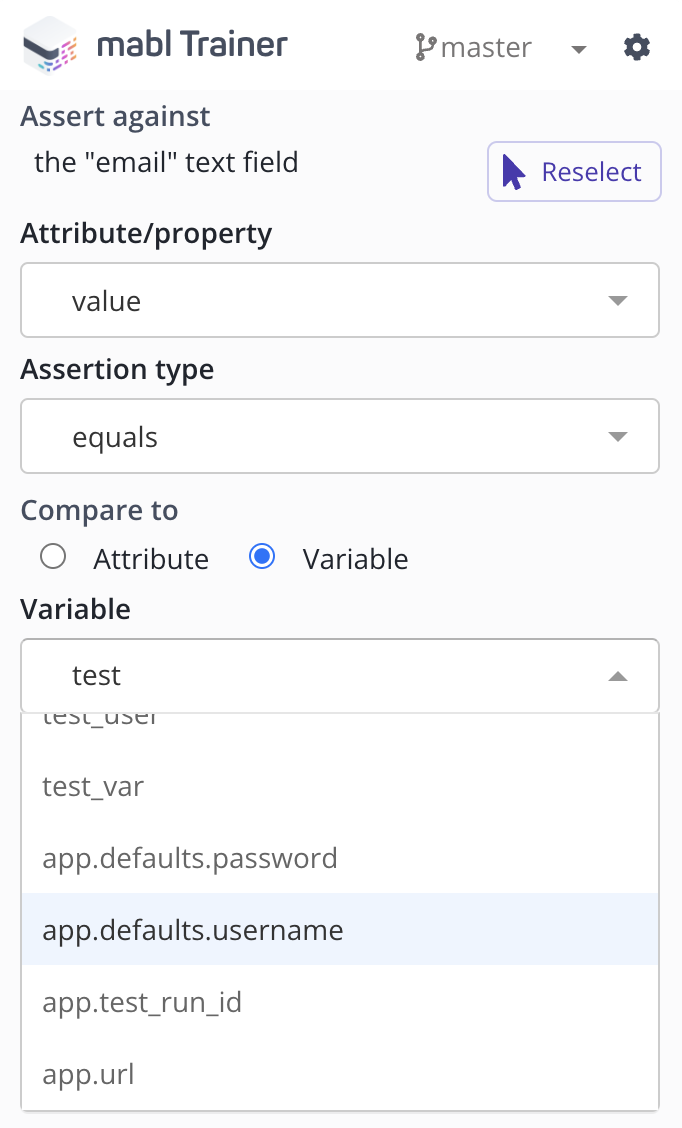 Selecting a variable for an assertion
