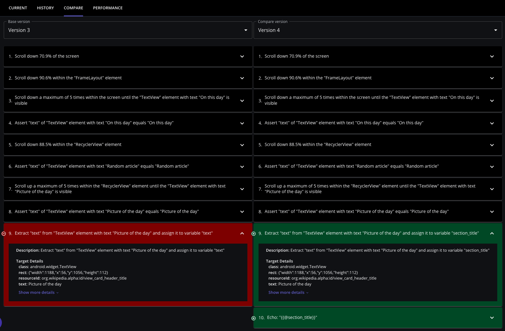 Compare view for two versions of a mobile test