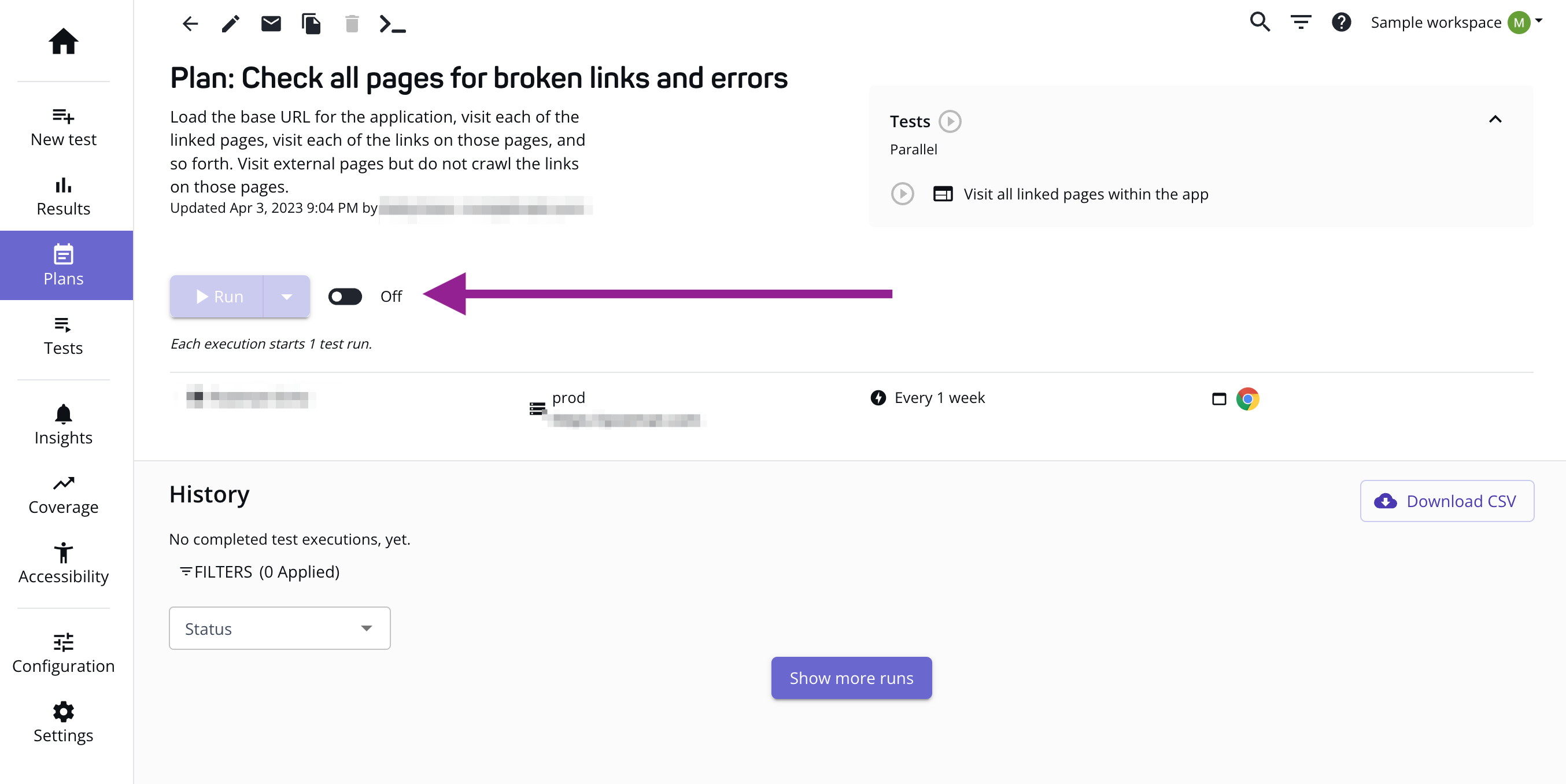 Arrow pointing to the toggle to turn off the link crawler plan