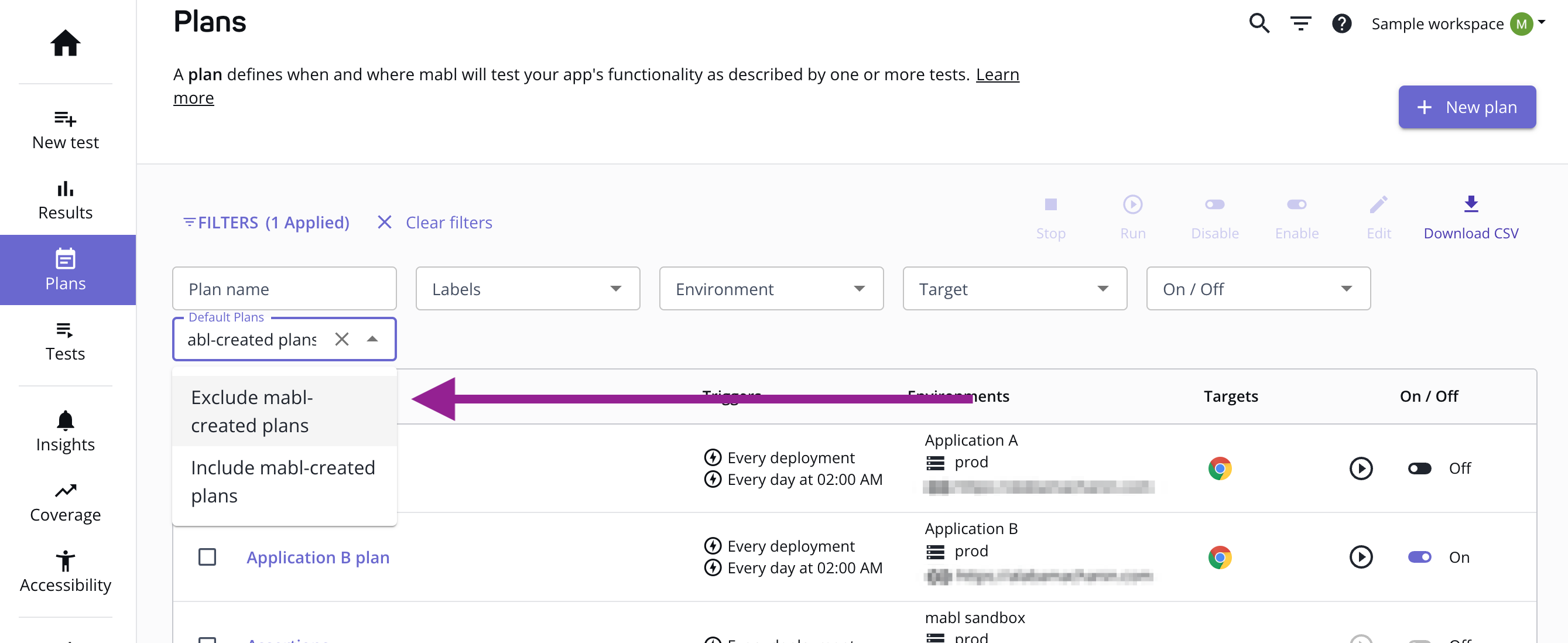 Arrow pointing to filter to exclude link crawler plans