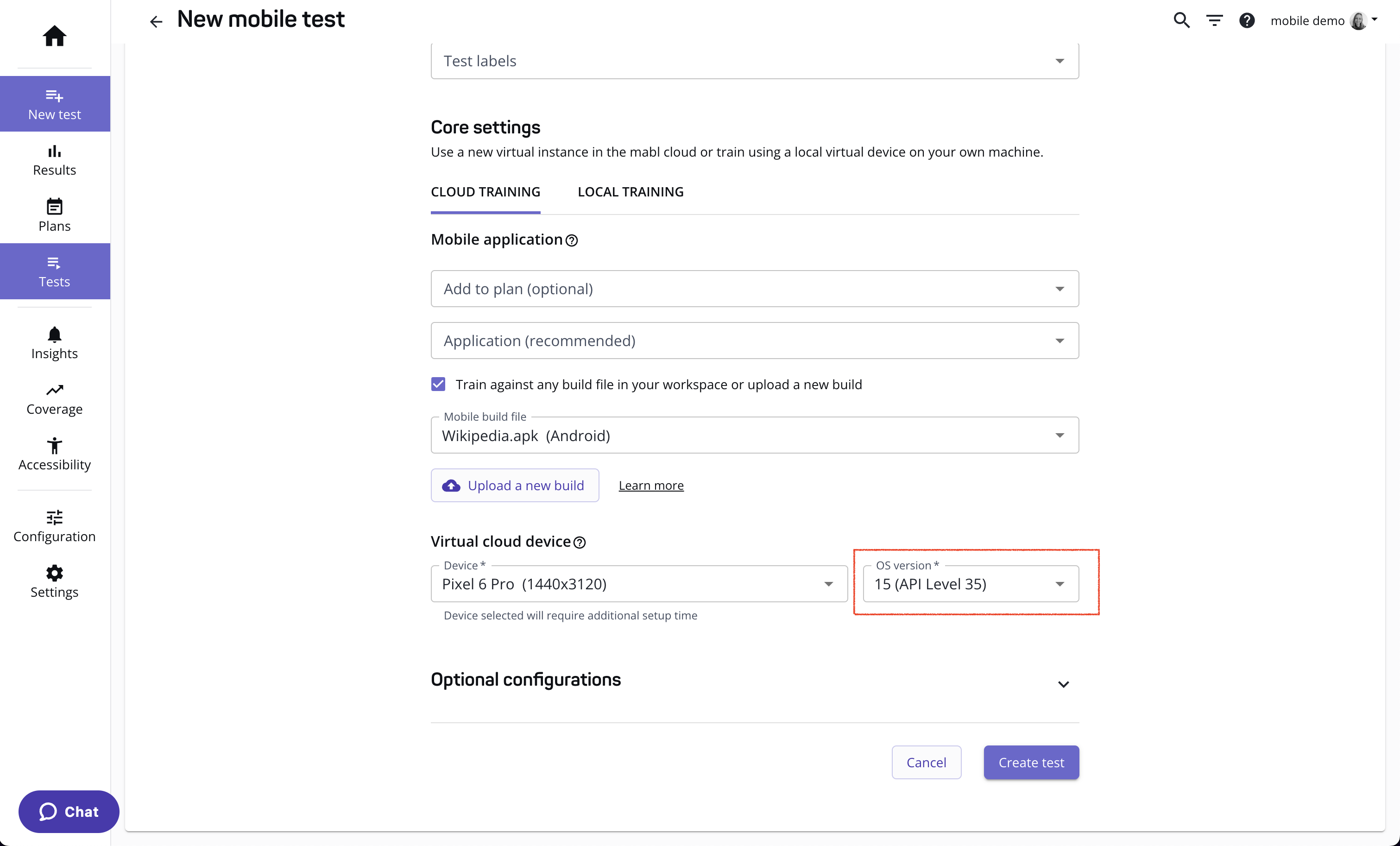 Creating a new mobile test on Android 15