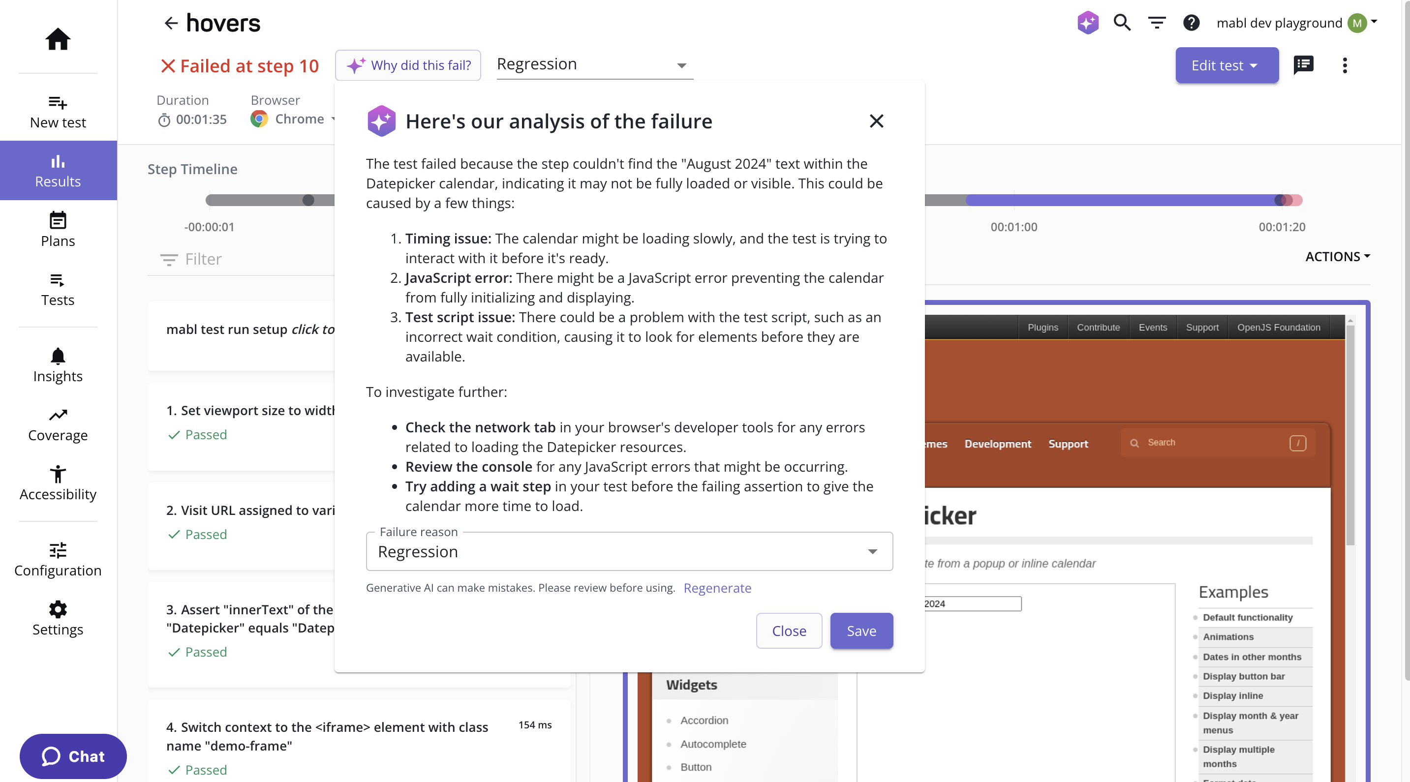 Example of a test failure summary on the test output page