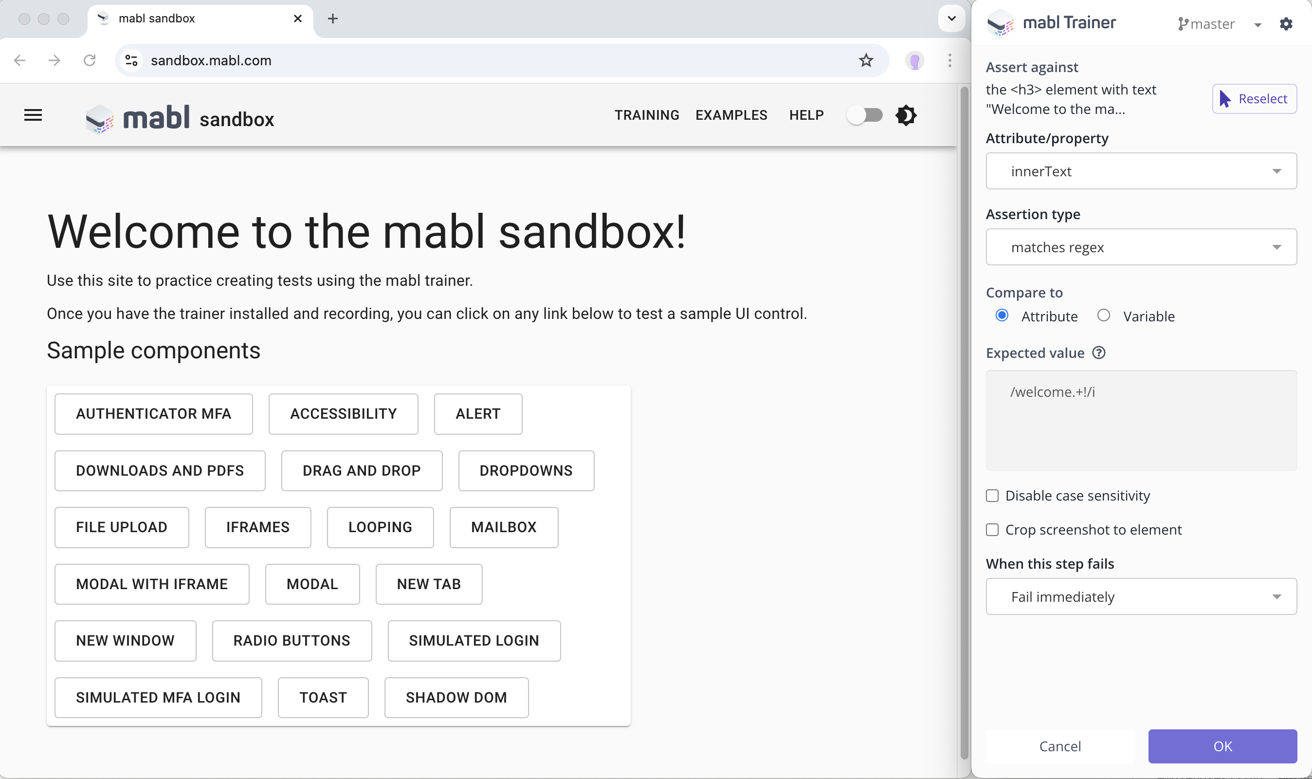 Creating a regex match assertion in the Trainer