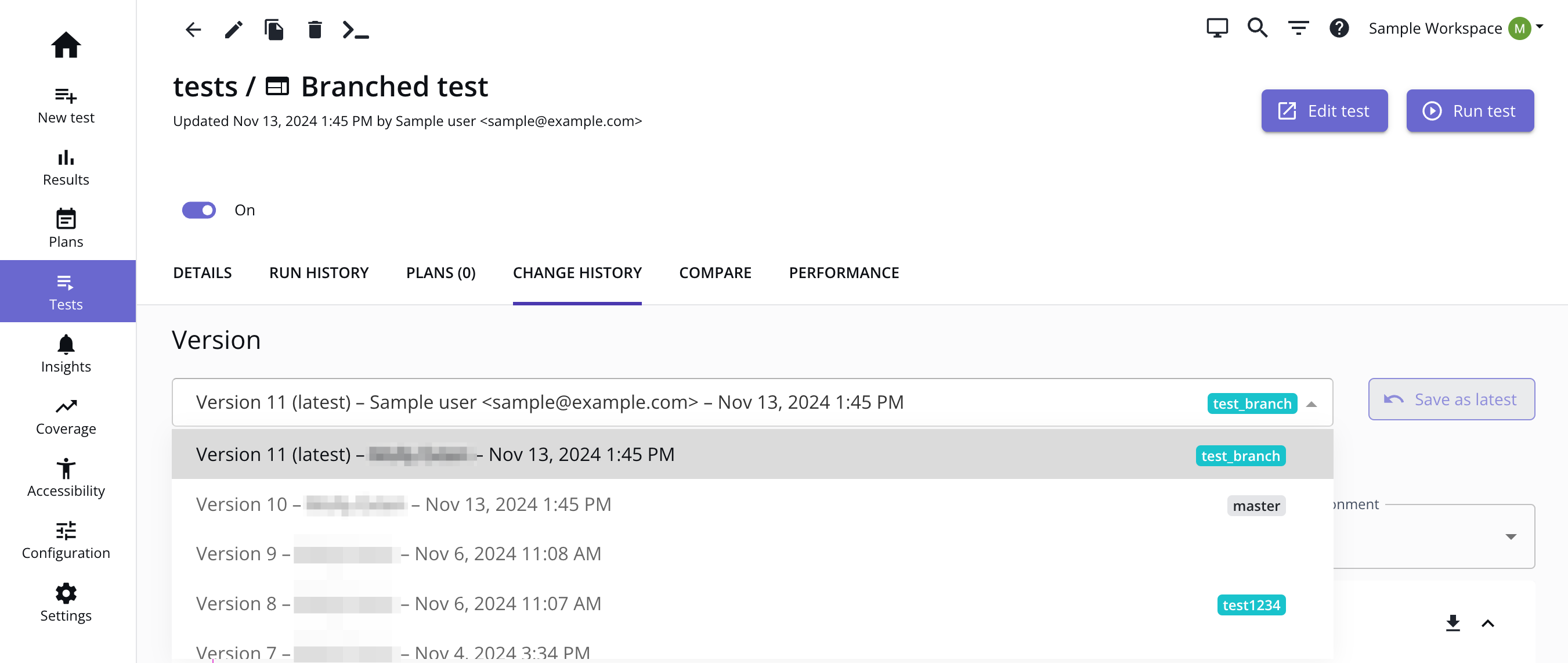 Viewing the change history for a branched test