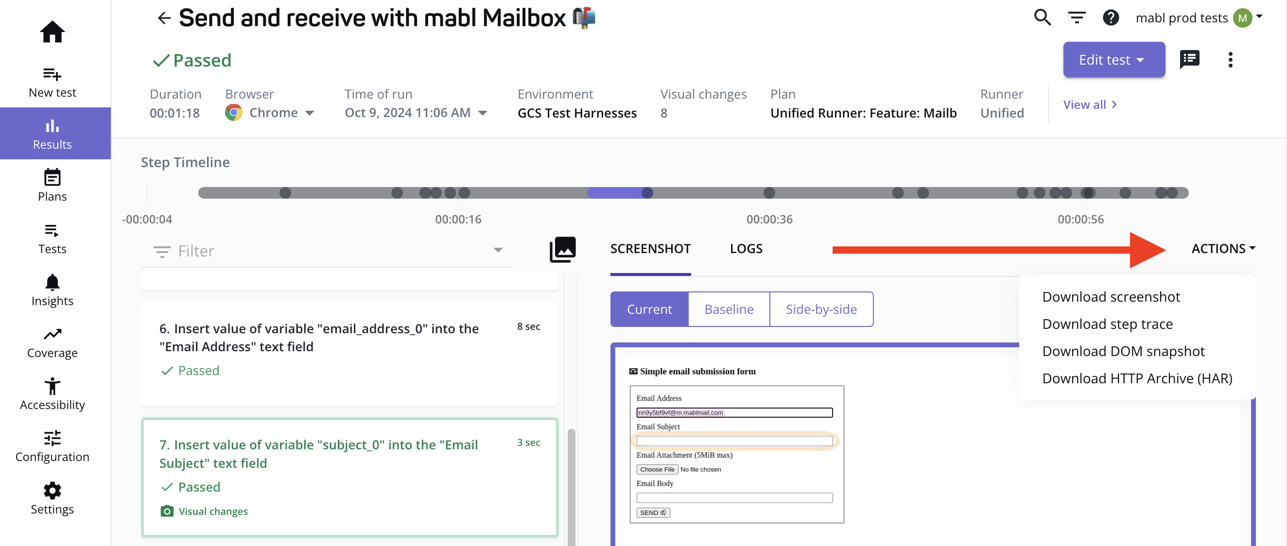 Arrow pointing to the ACTIONS dropdown