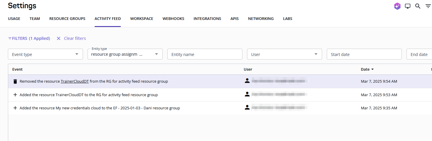 Tracking changes to resource group assignments in the activity feed