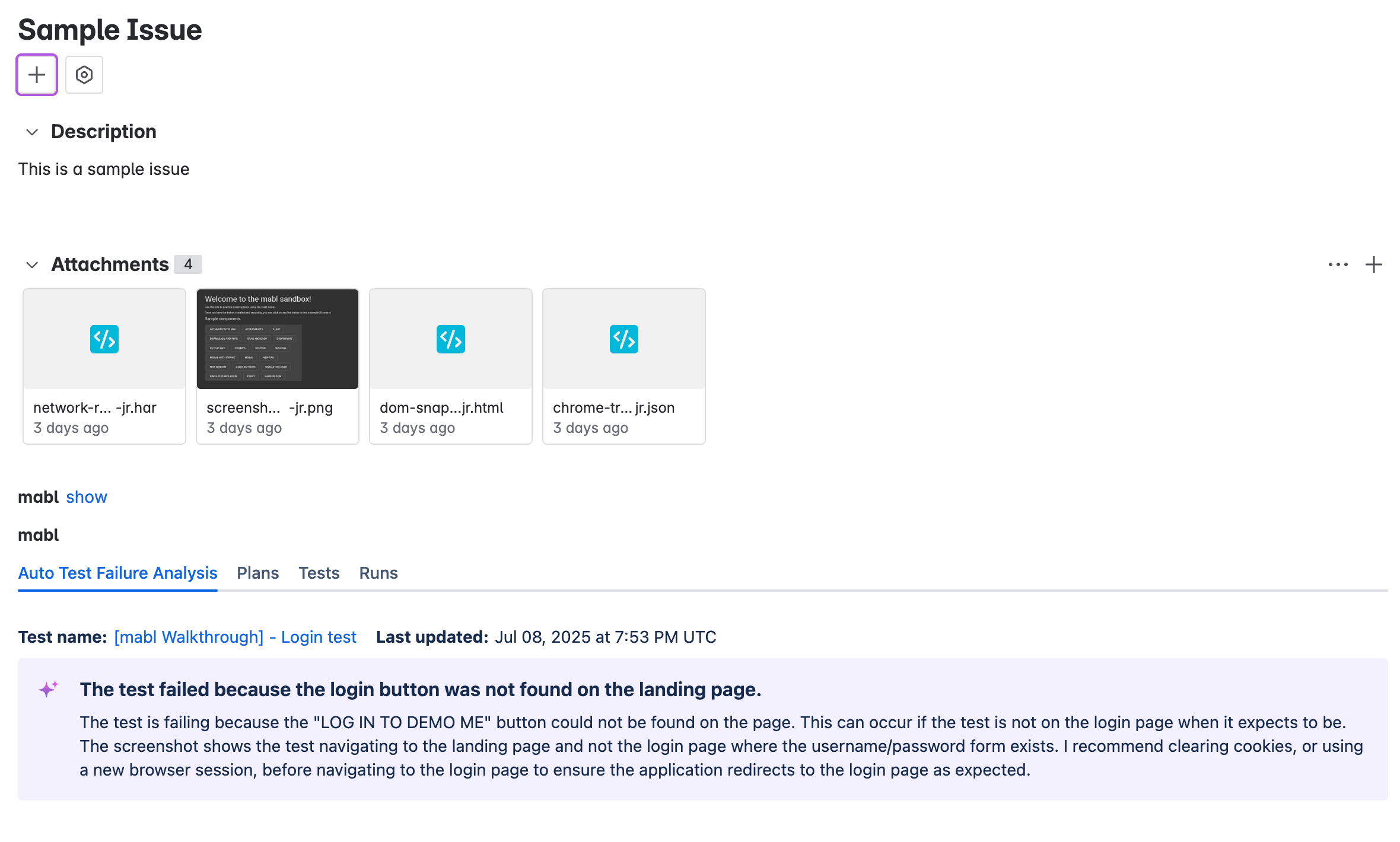 mablテストの診断情報を含むJira課題