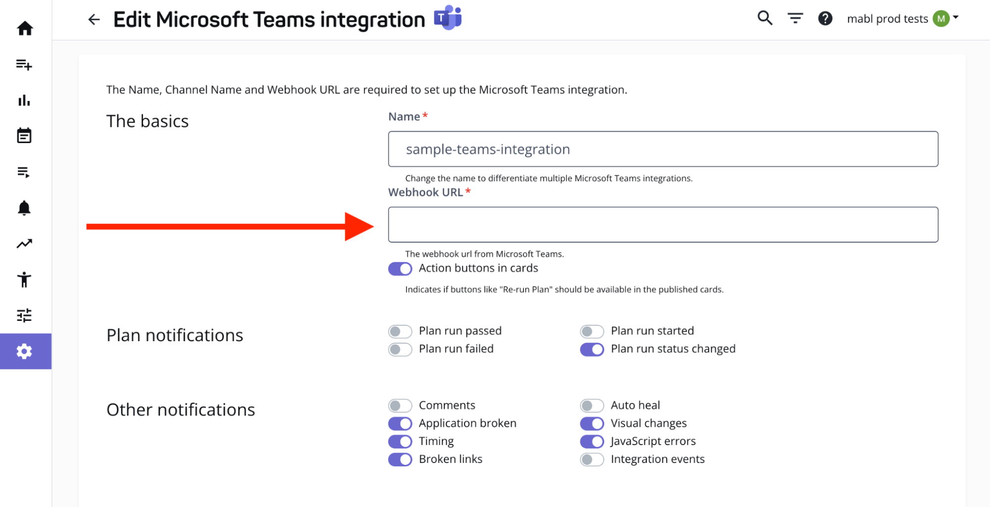Teams 連携の編集ページで、Webhook URL フィールドを指す矢印