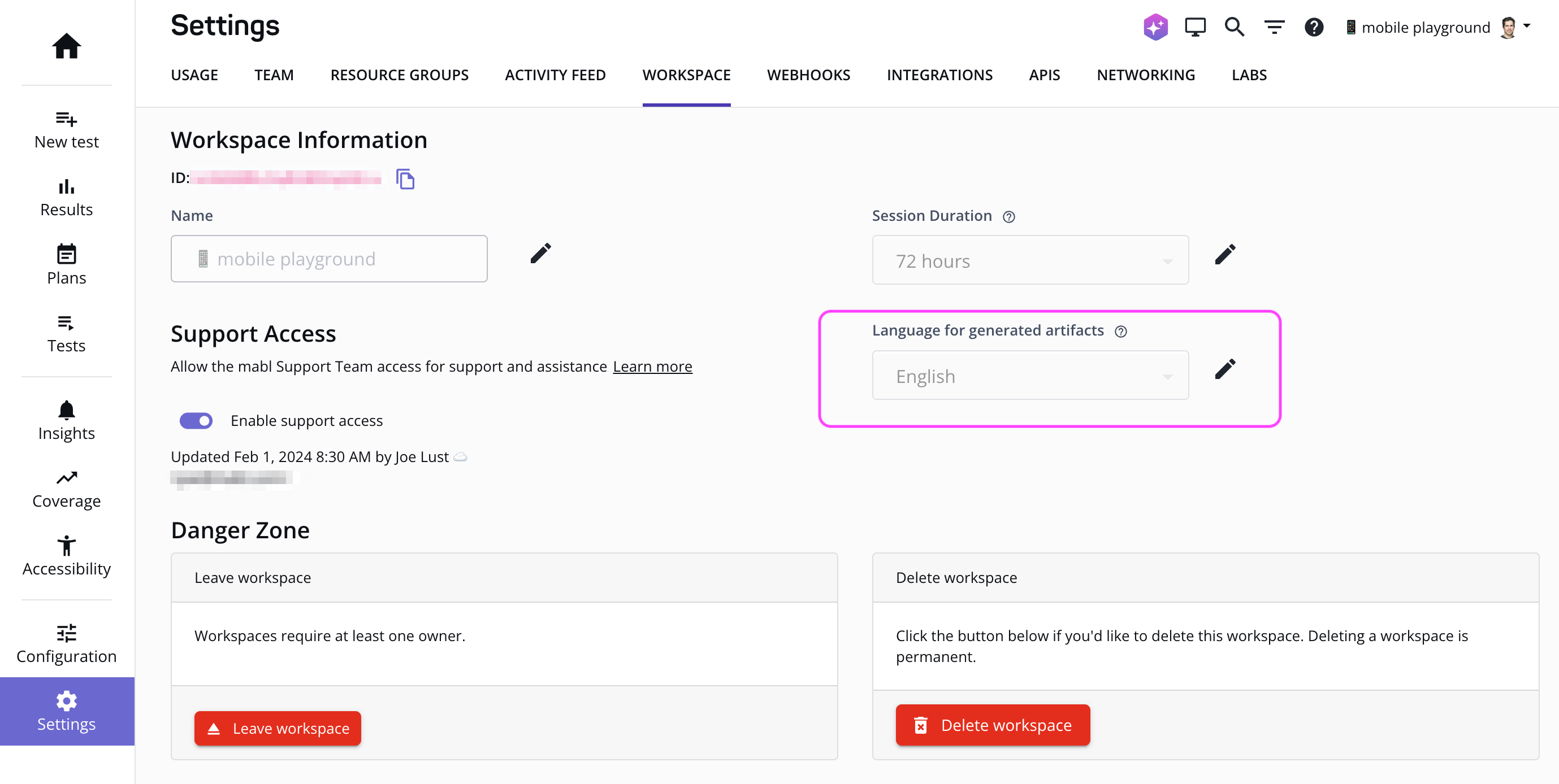 Language dropdown highlighted on workspace page