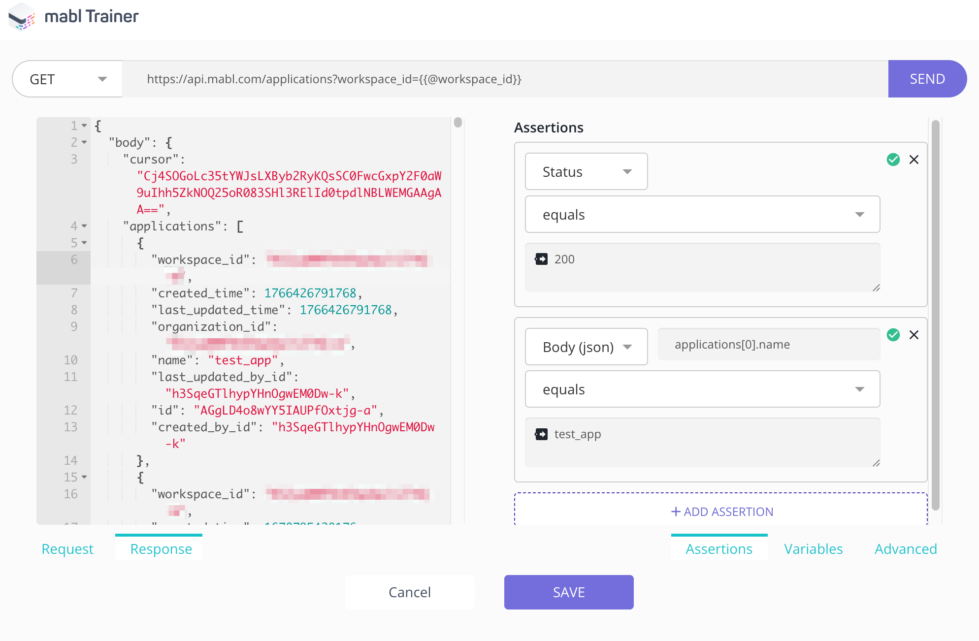Asserting on a response in the API Step Editor