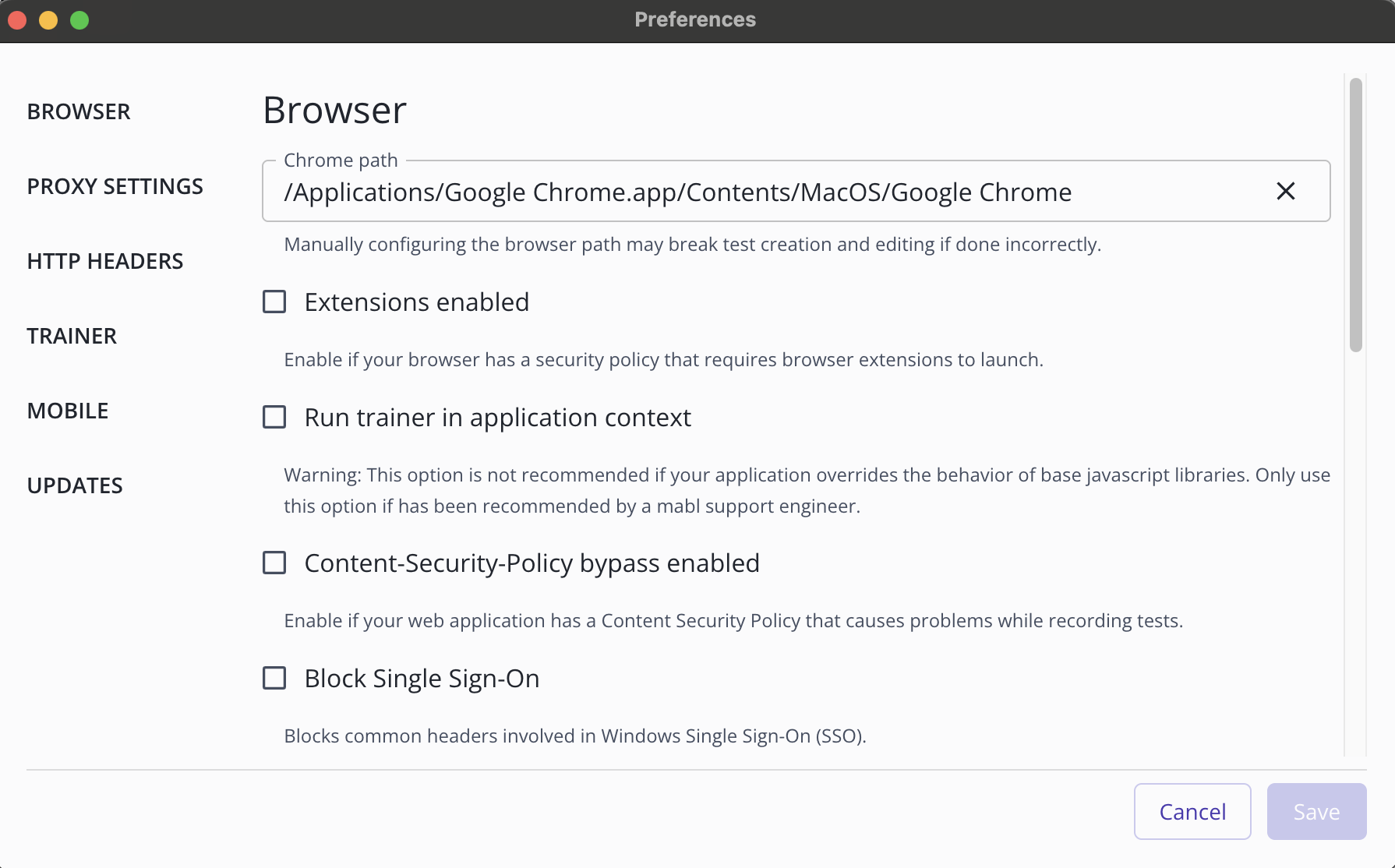 The browser preferences menu