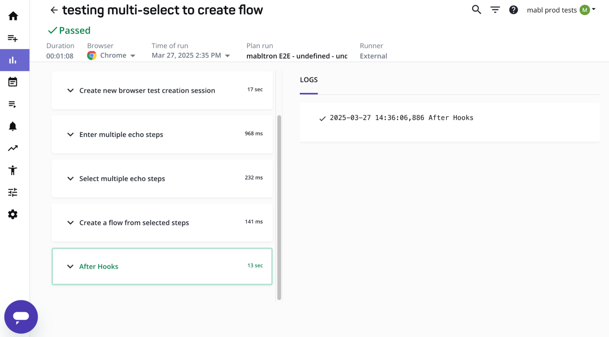 Output from a Playwright run in the mabl app