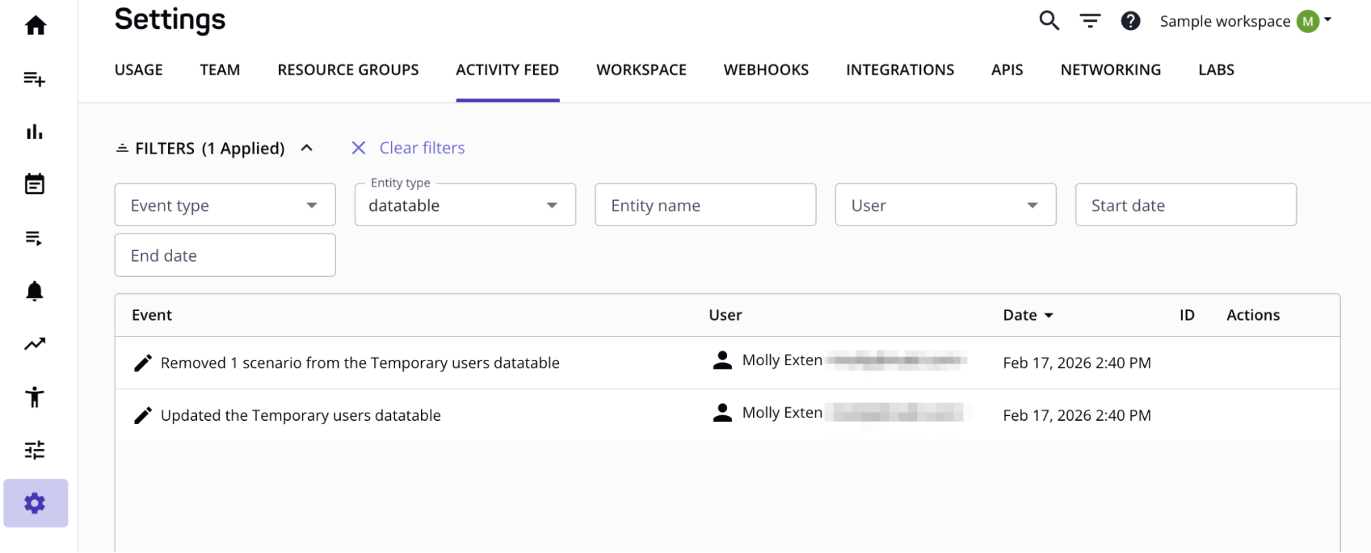 Reviewing DataTable changes in the activity feed