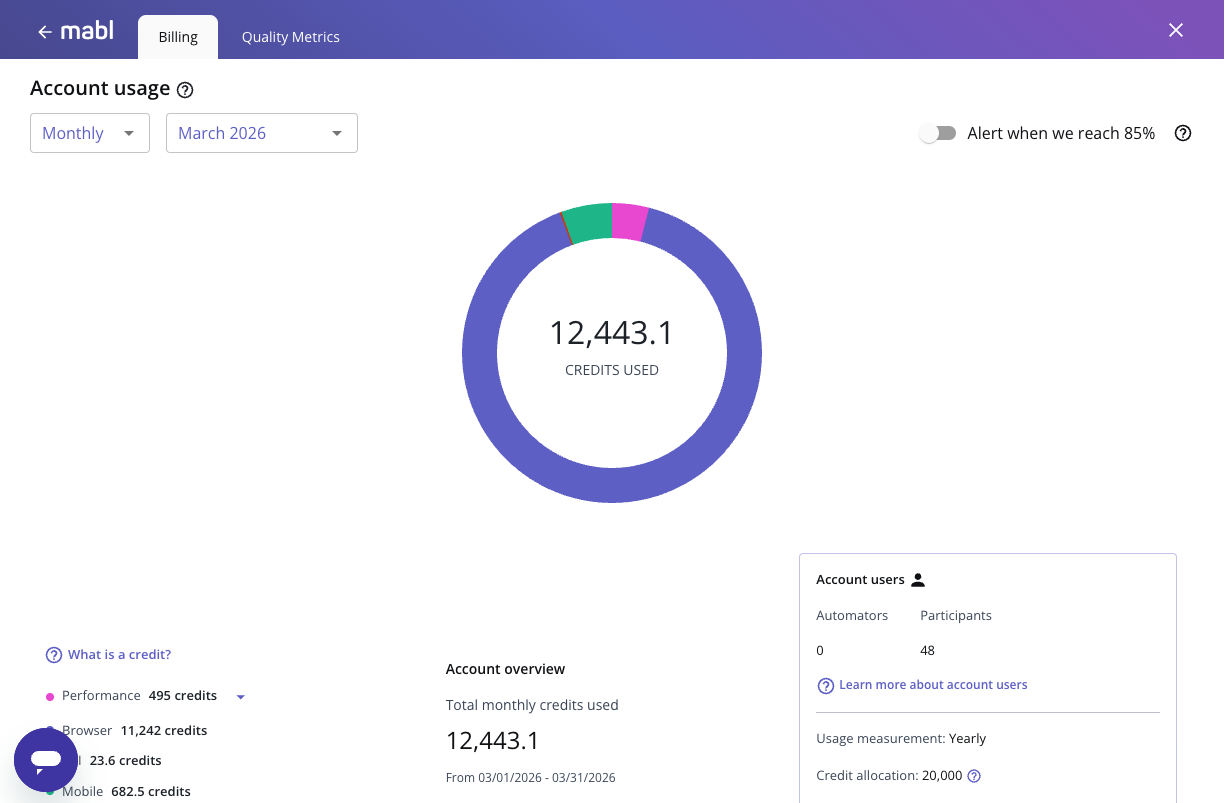 The account billing dashboard