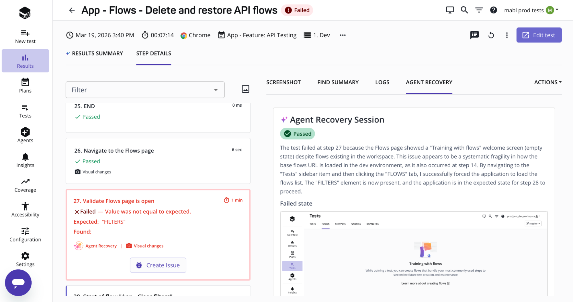 Runtime recovery in test output