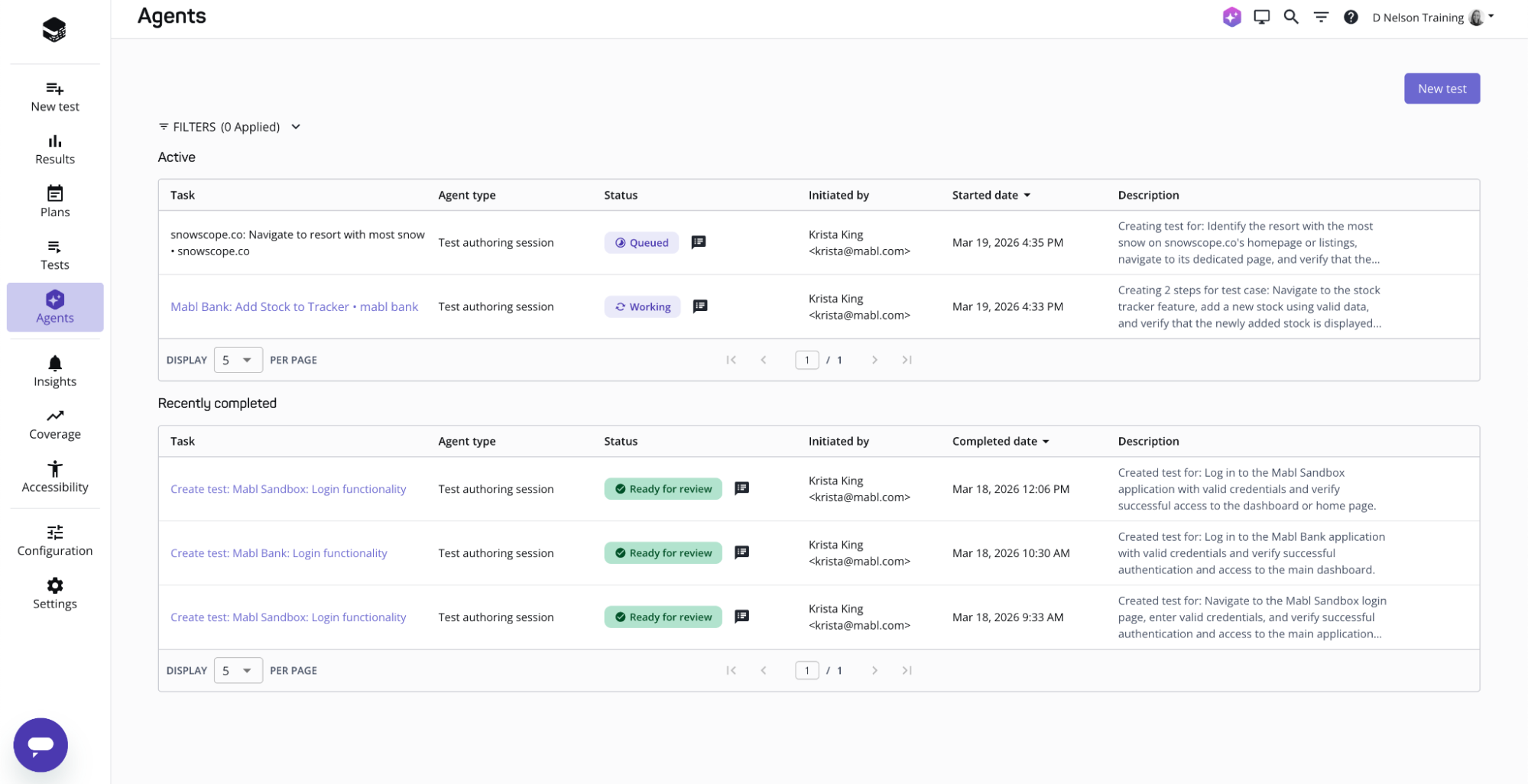 Monitoring sessions on the agents page