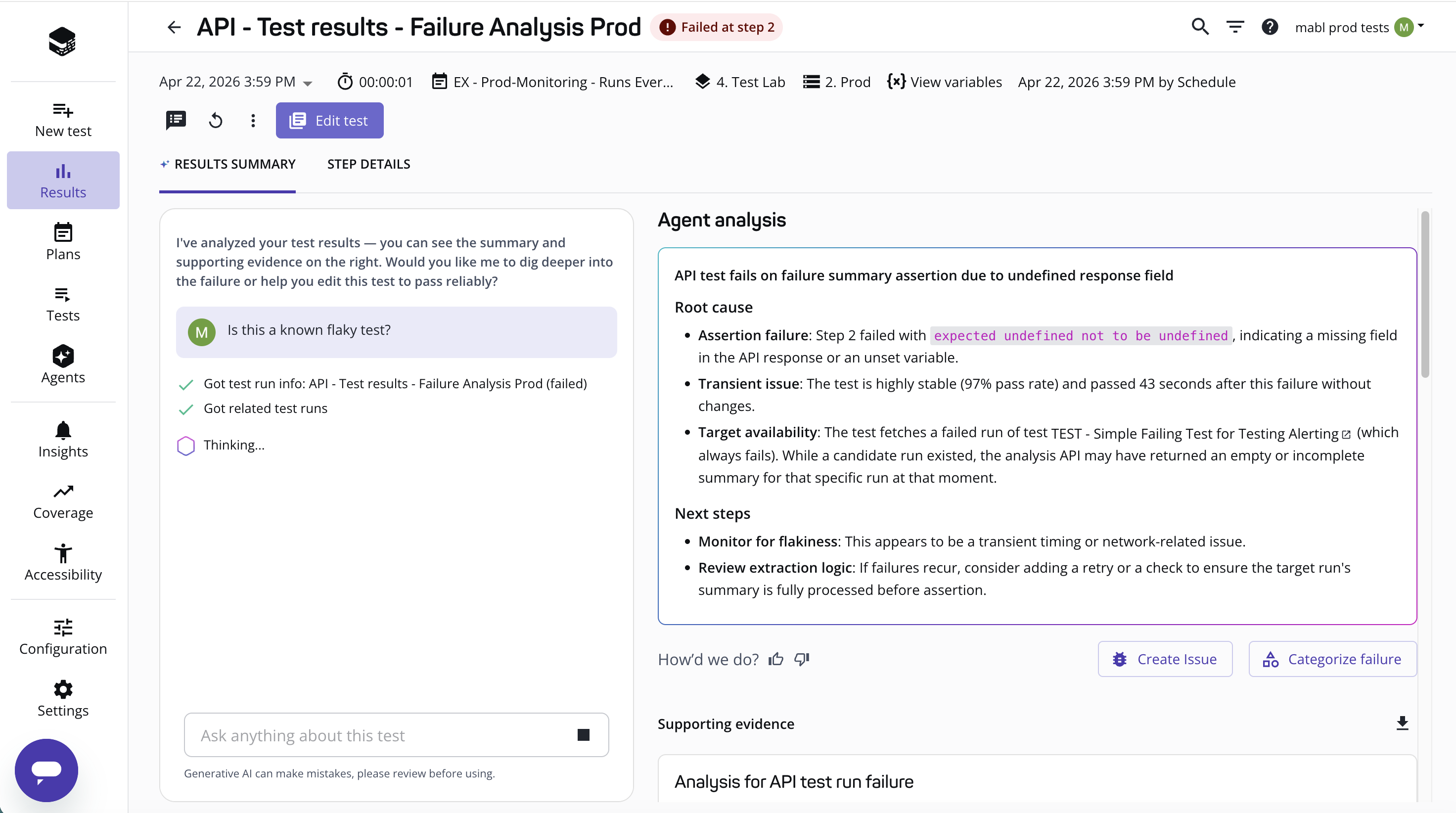 Analyzing a failed API test run