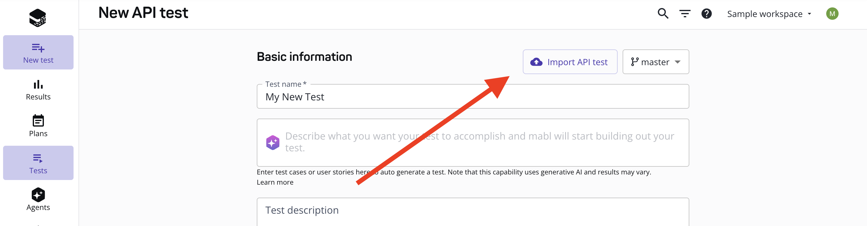 Highlighting the location of the 'Import API tests' button