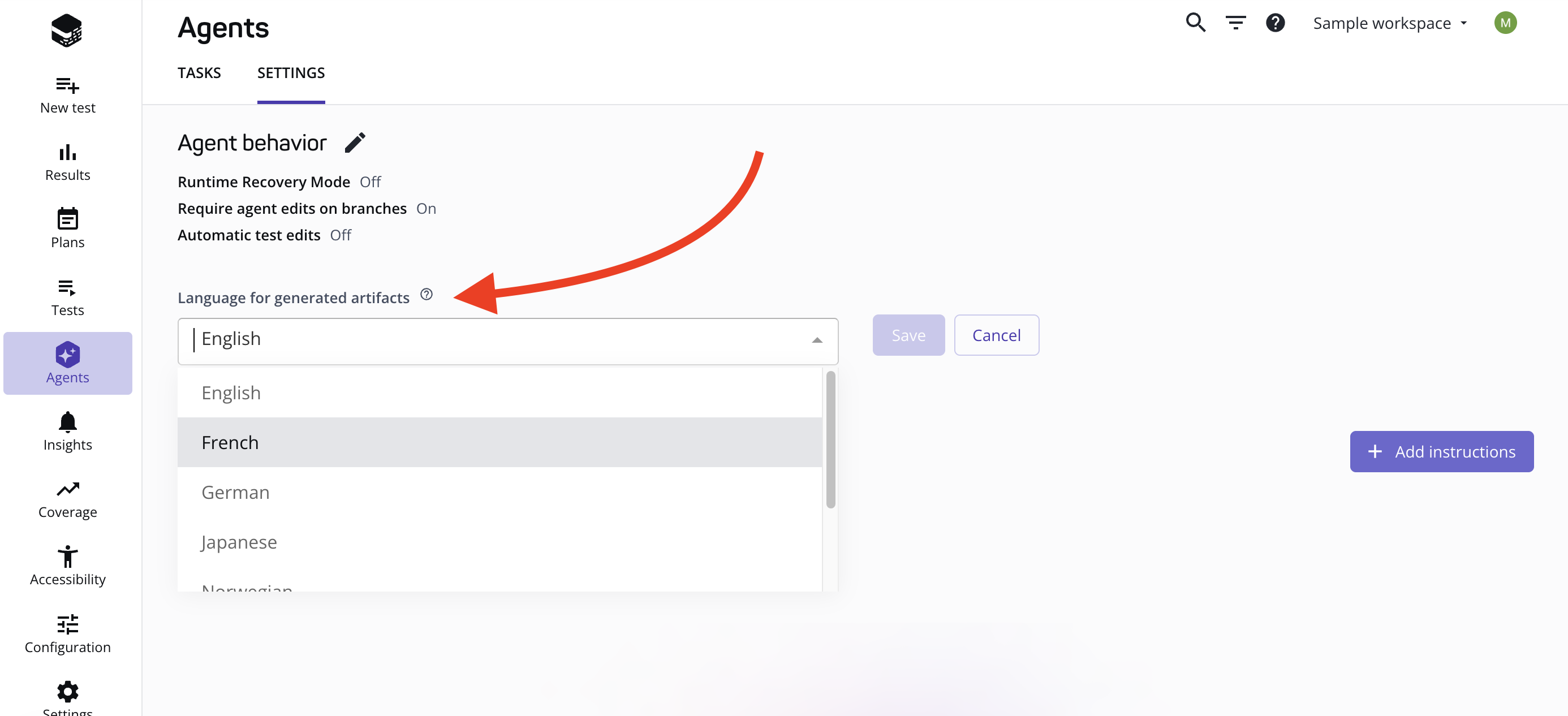 Language dropdown highlighted on agent settings page