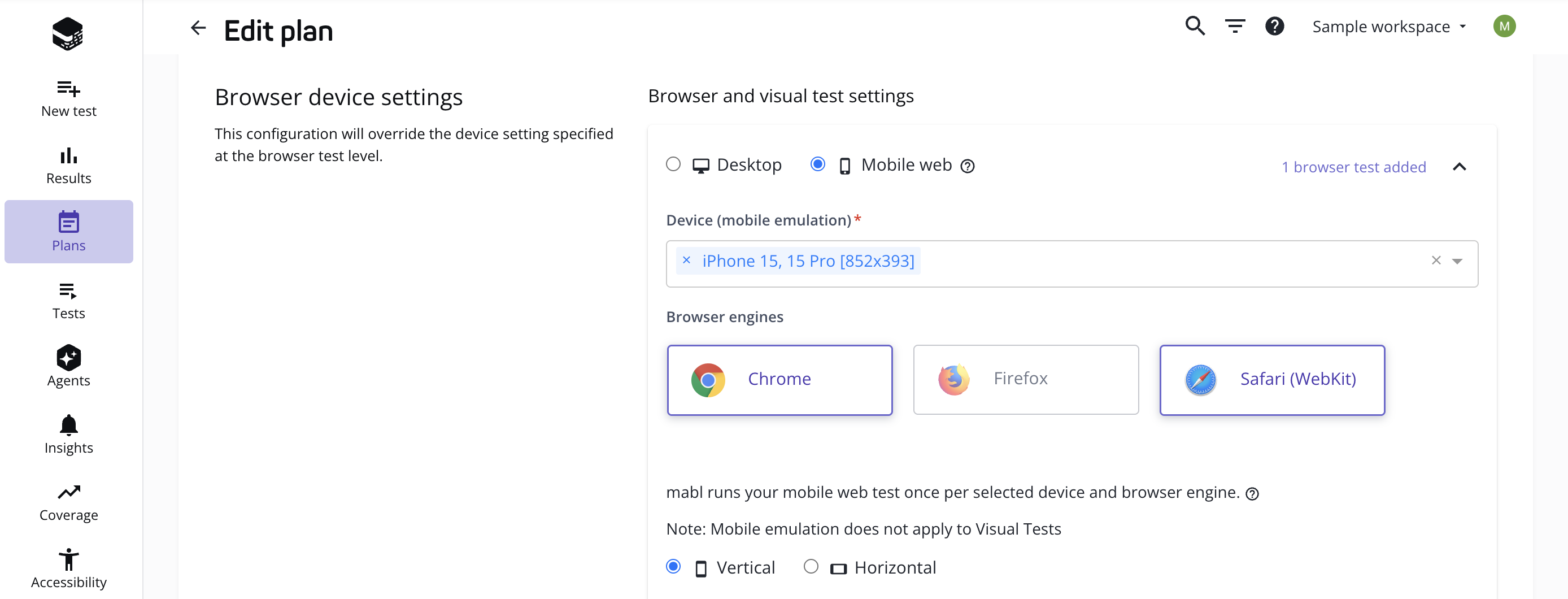 Selecting browsers for mobile emulation in a plan