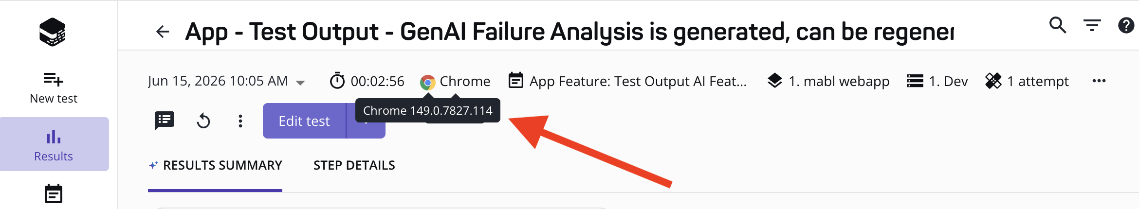 Checking the browser version on the Test Output page