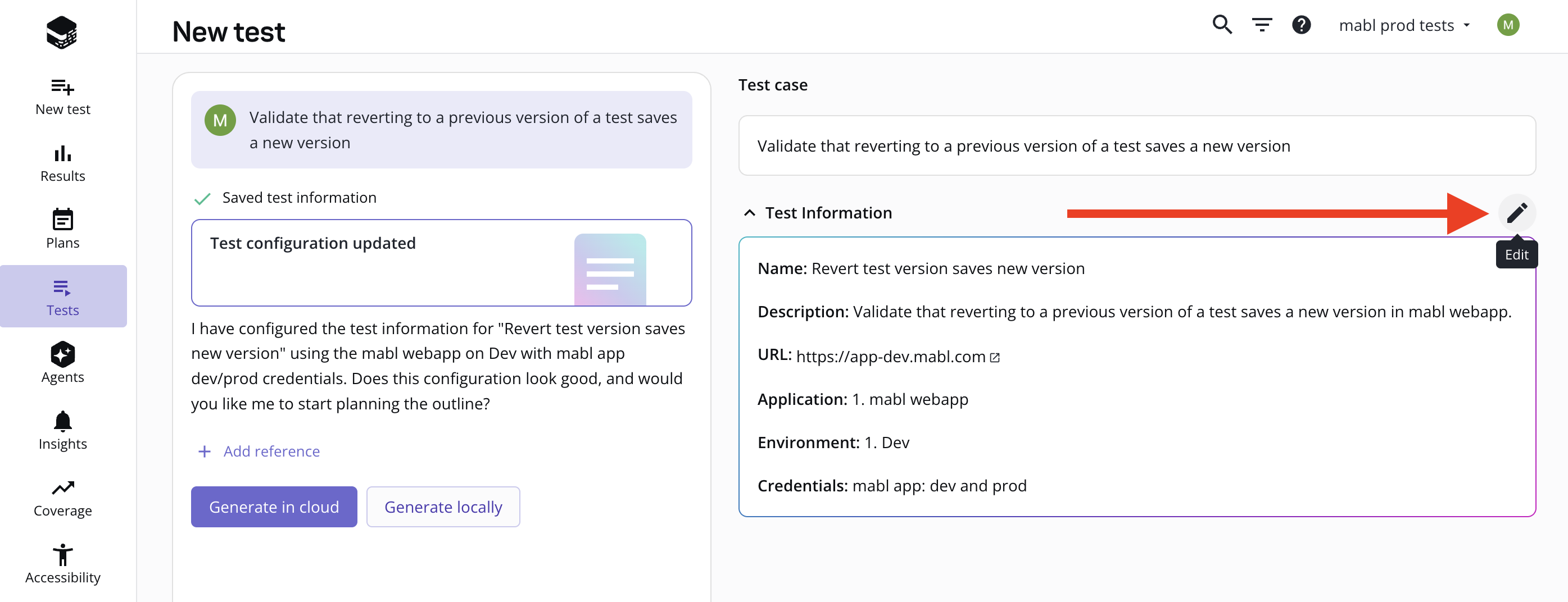 Edit icon for updating test configuration details during a planning session