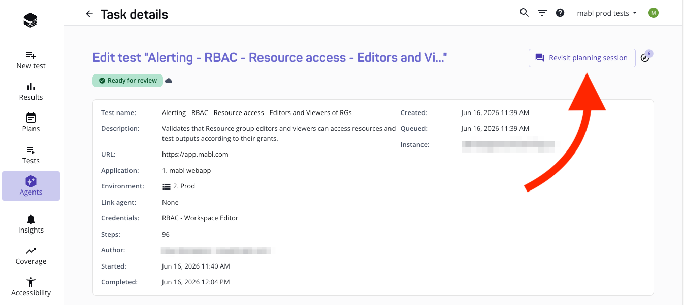 Arrow pointing to the revisit planning session button in task details