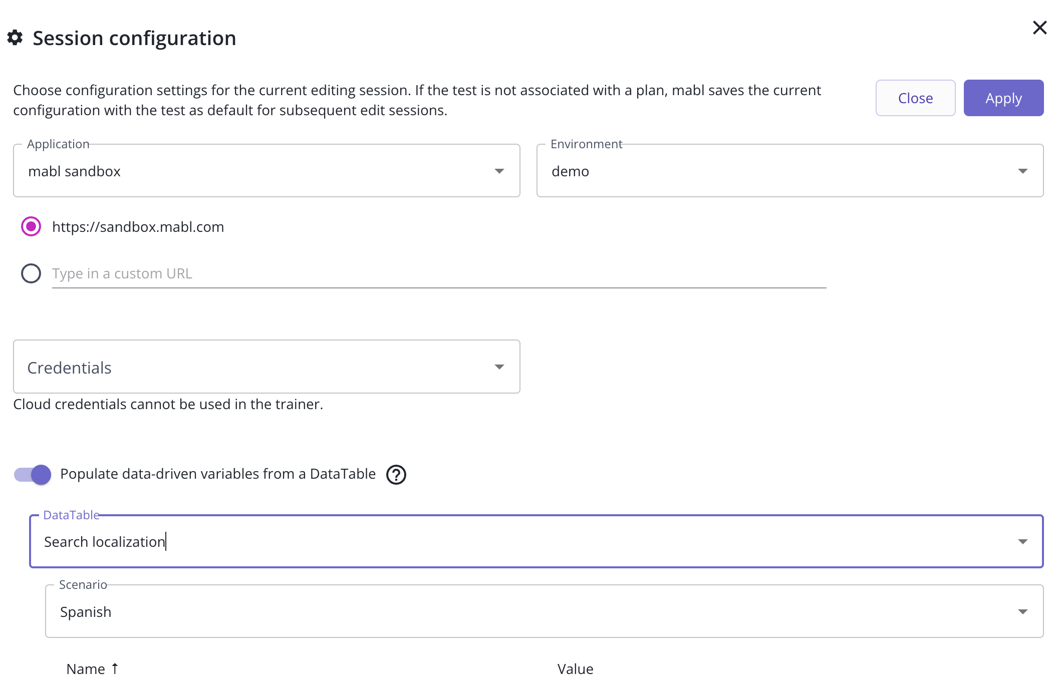 Updating the DataTable scenario in session configuration