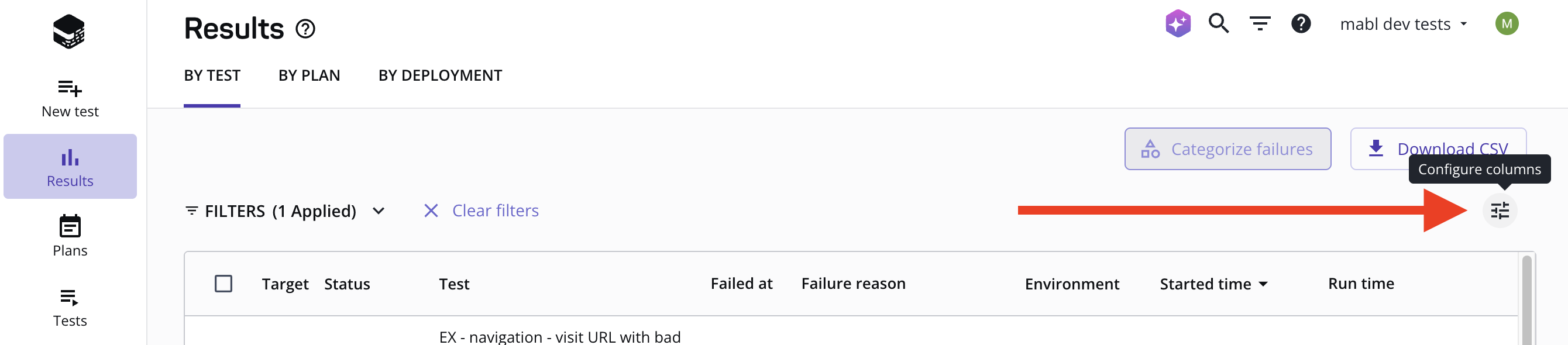 Location for configuring result columns