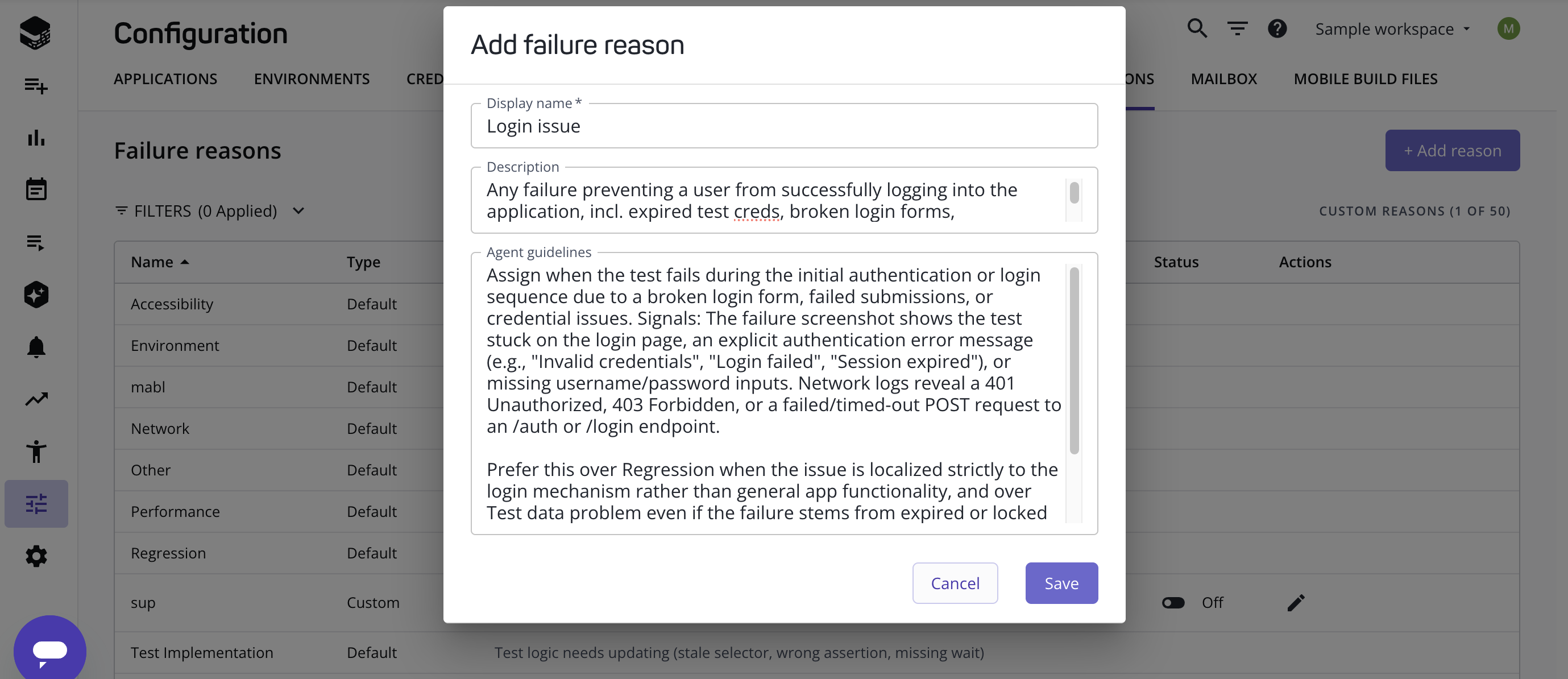Adding a custom failure reason
