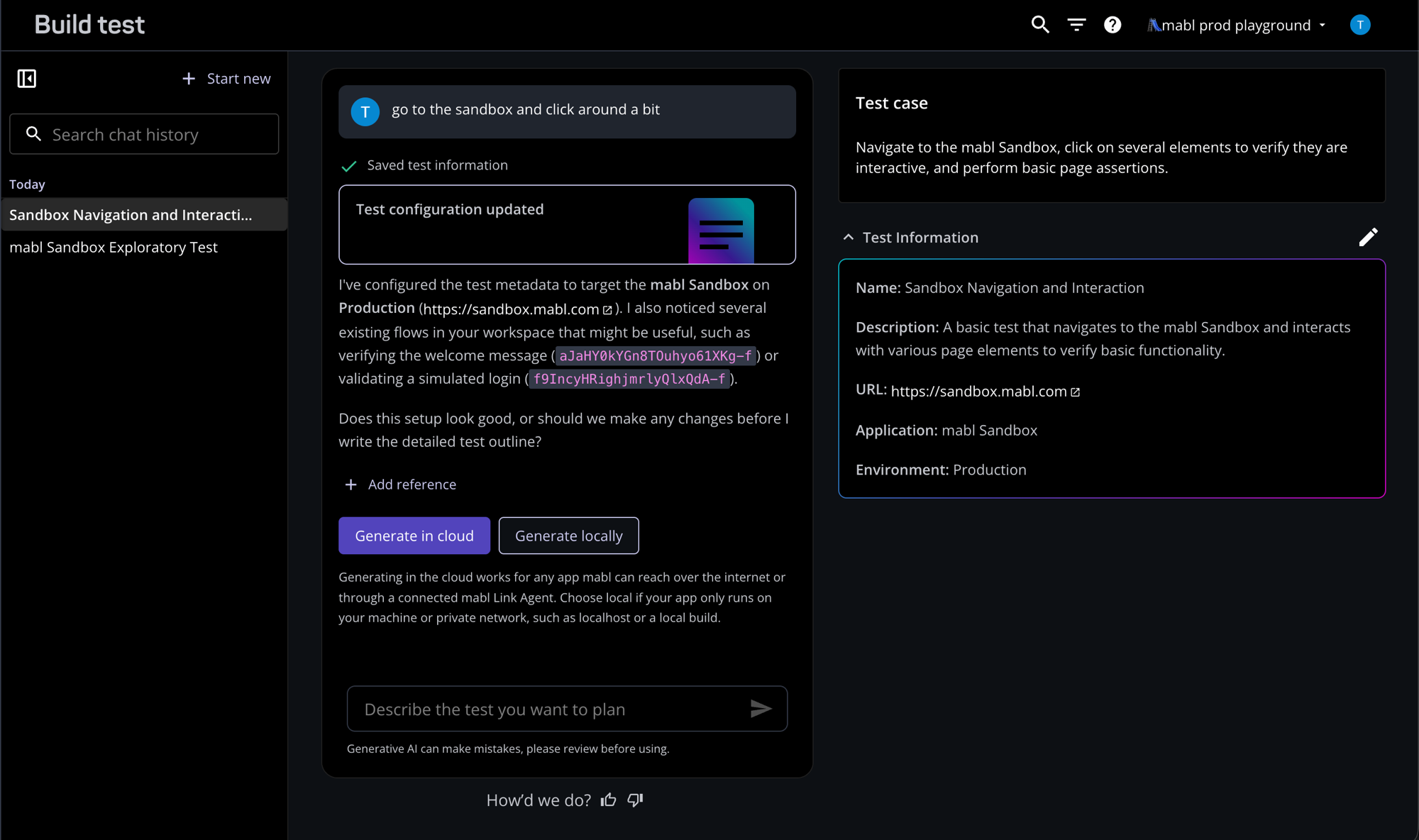 The chat history sidebar lists your previous planning chats, grouped by recency, next to the Build test conversation.