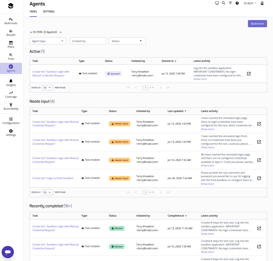The Agents Tasks page with a "Needs input" section listing paused sessions in a table above the "Recently completed" section.